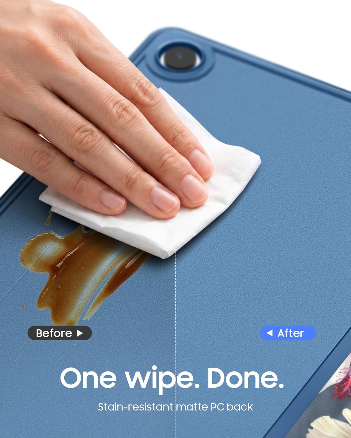 Before
After
One wipe. Done.
Stain-resistant matte PC back