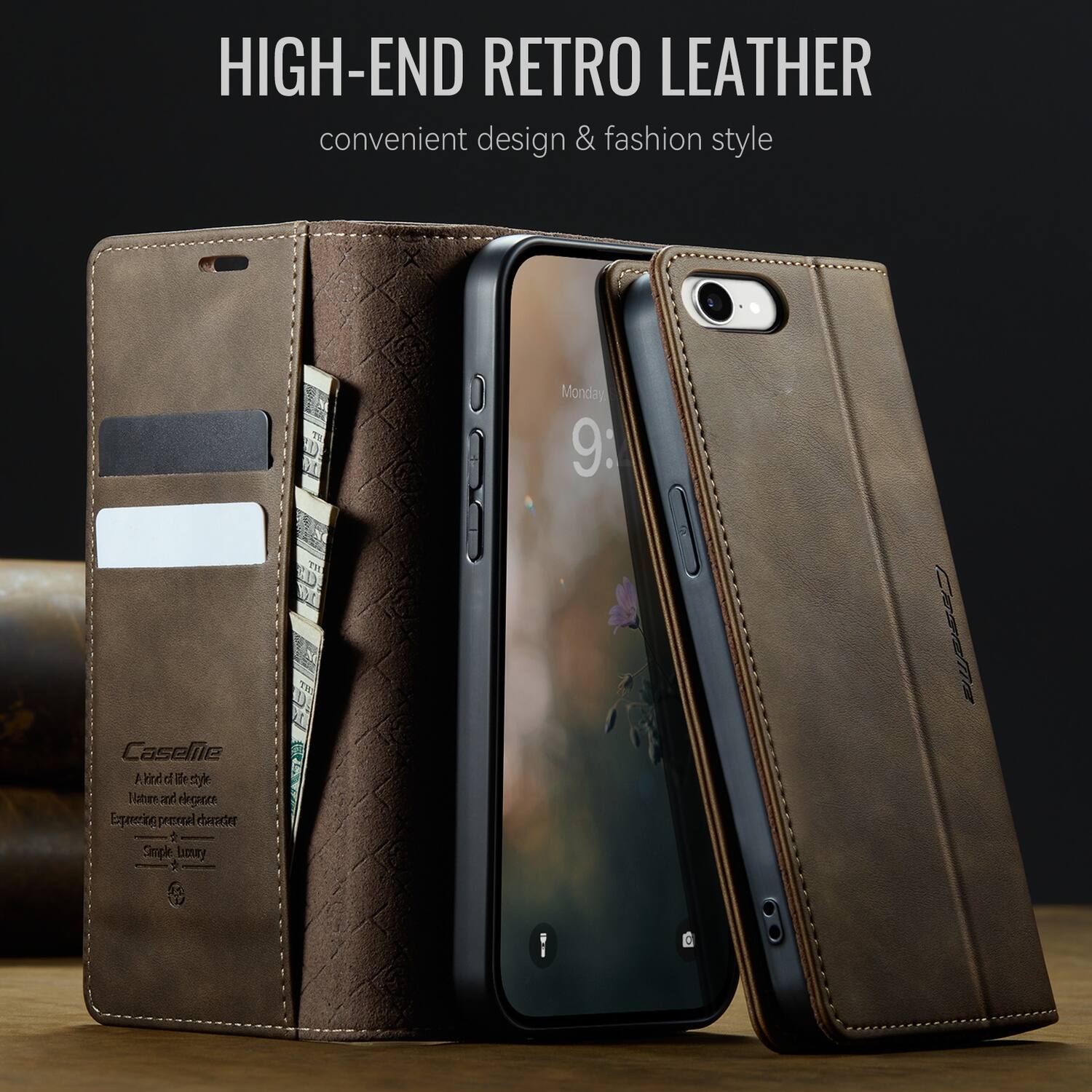 HIGH-END RETRO LEATHER  
convenient design & fashion style  

Caselie  
A Her d Ie syl Hutien ud eesere Epeerice preral eharrter  
Seple Litey 0 Monday 9 1 CerrT