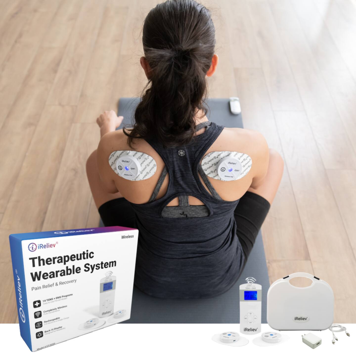 Rolax tv 1@me @iReliev OH! Willer Diller  
Gurron SO Quelier Ccteber  
Reliev 1@A Get -  
Wireless iReliev Therapeutic Wearable System Relief & Recovery Pain @iReliev, EMS Programs 14 TENS Wireless Completely Reliev Rechargeable We Display Back *  
TOVI (V) I 050 iReliev  
Reliev