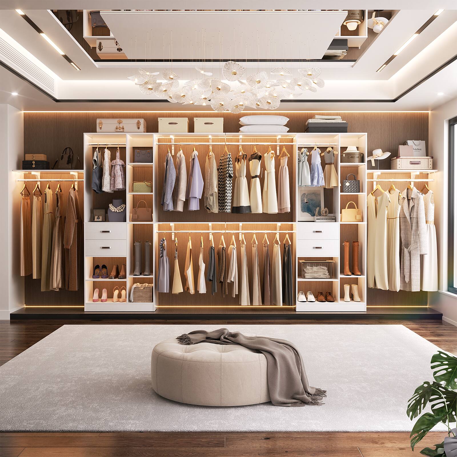 Left. Aheaplus - Upgraded 96'' Closet System with 13 Storage Shelves, 8FT Open Wardrobe System with 2 Wooden Drawers & 4 Hanging Rods - White.