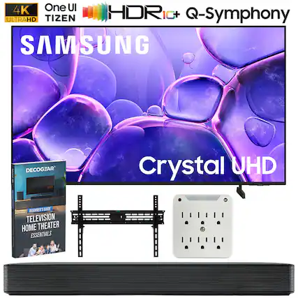 Sure, here is the corrected and grouped text from the image:
---
**4K UltraHD**
**One UI**
**TIZEN**
**HDR10+**
**Q-Symphony**
**SAMSUNG**
**Crystal UHD**
**DECOGEAR**
**BEGINNER'S GUIDE**
**TELEVISION HOME THEATER ESSENTIALS**
---