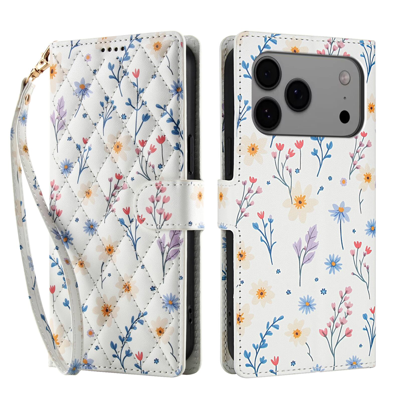 Angle. Dteck - Floral Wallet Case for Apple iPhone 17 Pro Max with Wrist Strap, Premium PU Leather Shockproof Protective Flip Cover - E.