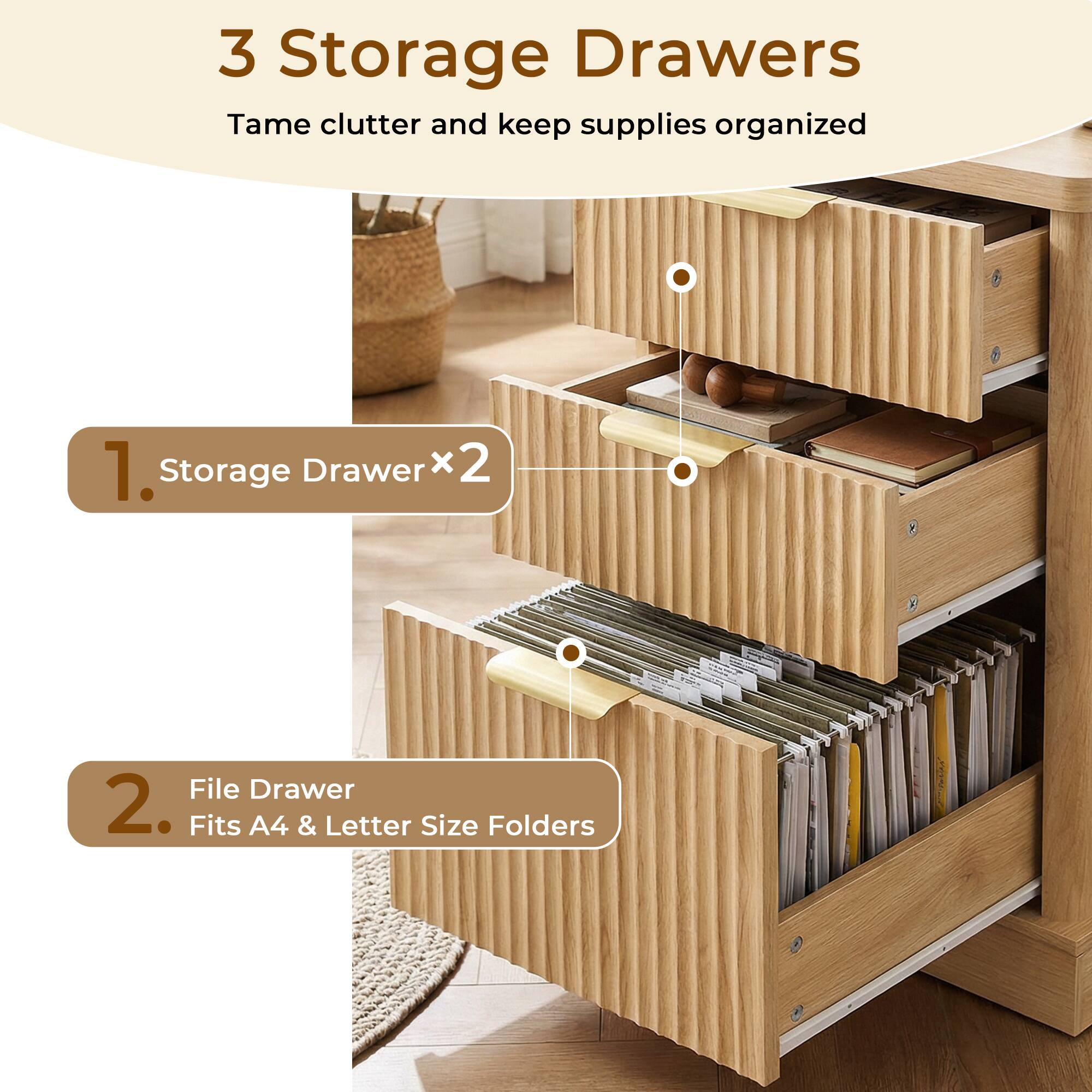 3 Storage Drawers  
Tame clutter and keep supplies organized  

1. Storage Drawer x 2  
2. File Drawer  
   Fits A4 & Letter Size Folders