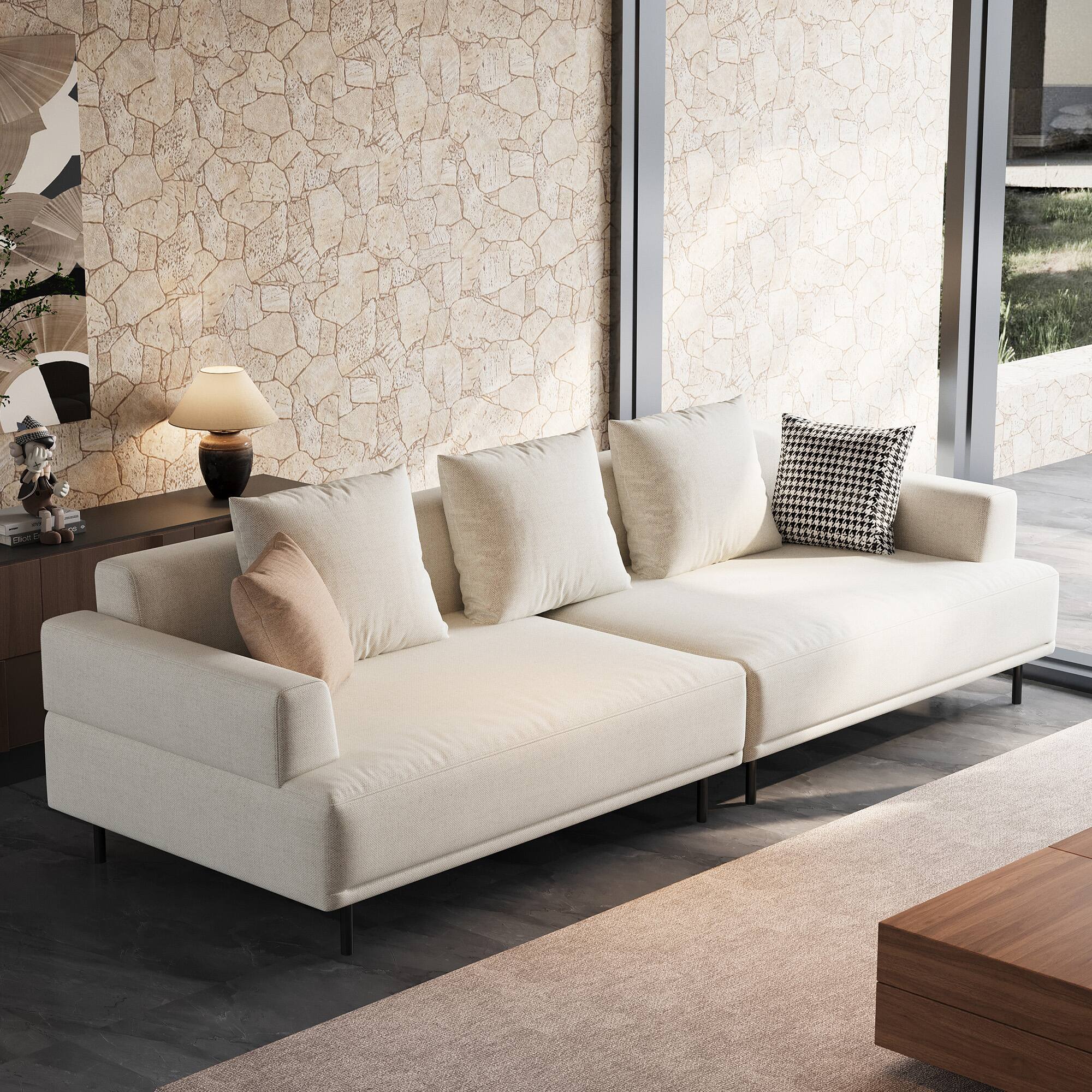 Angle. luck idea - 109.44" Breathable Cotton-Linen Fabric Sofa, Solid Wood Frame, High-Elastic Sponge Seat Cushion - Light Beige.