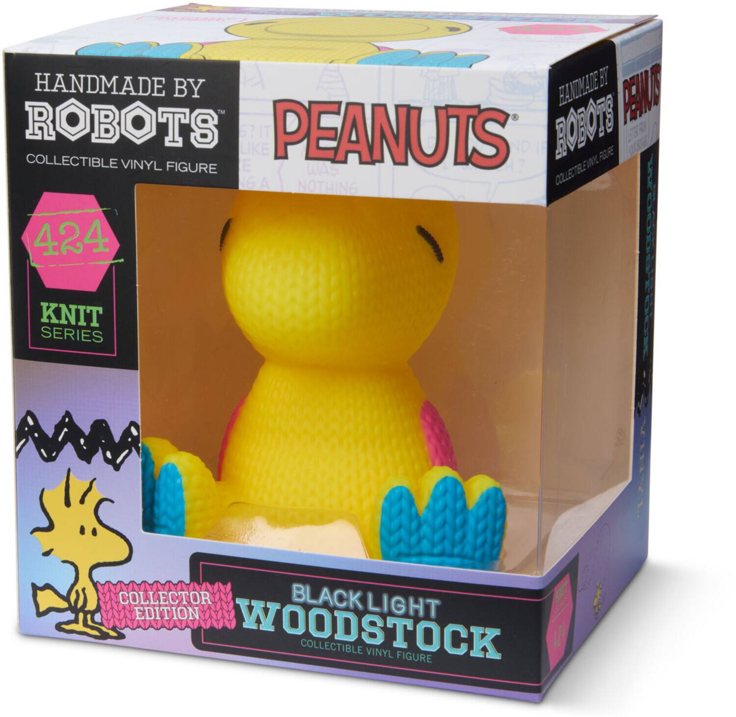 HANDMADE BY ROBOTS  
COLLECTIBLE VINYL FIGURE  

PEANUTS  

424  
KNIT SERIES  

COLLECTOR EDITION  
BLACK LIGHT WOODSTOCK  
COLLECTIBLE VINYL FIGURE