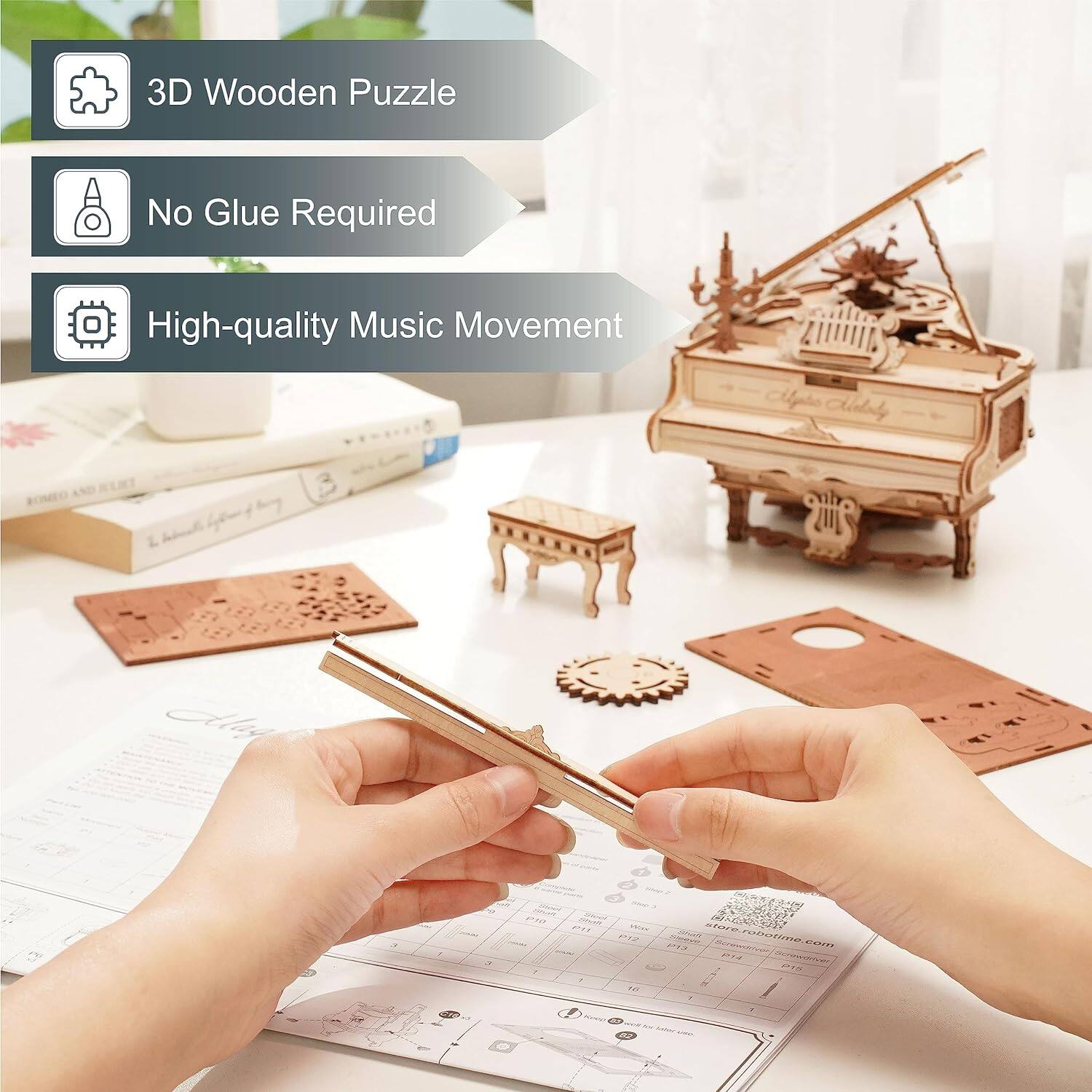 3D Wooden Puzzle  
No Glue Required  
High-quality Music Movement