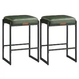 Songmics Home - Bar Stools Set of 2, Counter Height Bar Stools, Synthetic Leather with Stitching, Mid-Century Modern Counter Stools - Forest