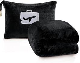 Noble House - Comfort Fly Travel Pillow And Blanket Set - Great For long Or Short Flights - Makes A Great Gift - Black