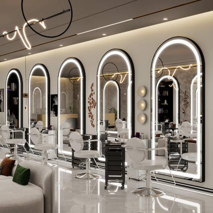 Front. Earthley Blooms - Full Length Mirror With Lights 57" X 17" Led Body Free Standing Lighted Floor Wall Mounted Hanging For Be... - Arched/ Black-70"L x 32"W.