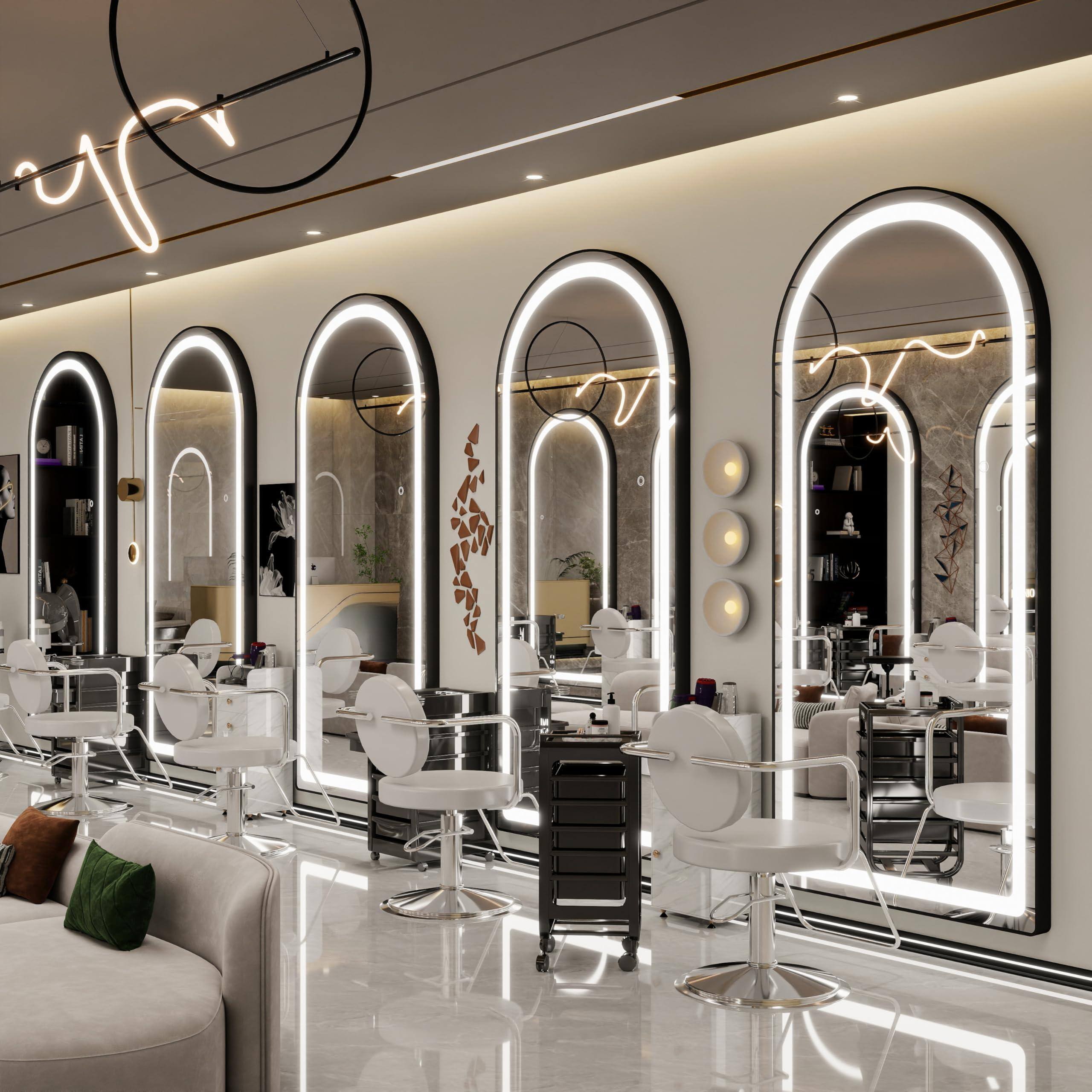 Front. Earthley Blooms - Full Length Mirror With Lights 57" X 17" Led Body Free Standing Lighted Floor Wall Mounted Hanging For Be... - Arched/ Black-70"L x 32"W.