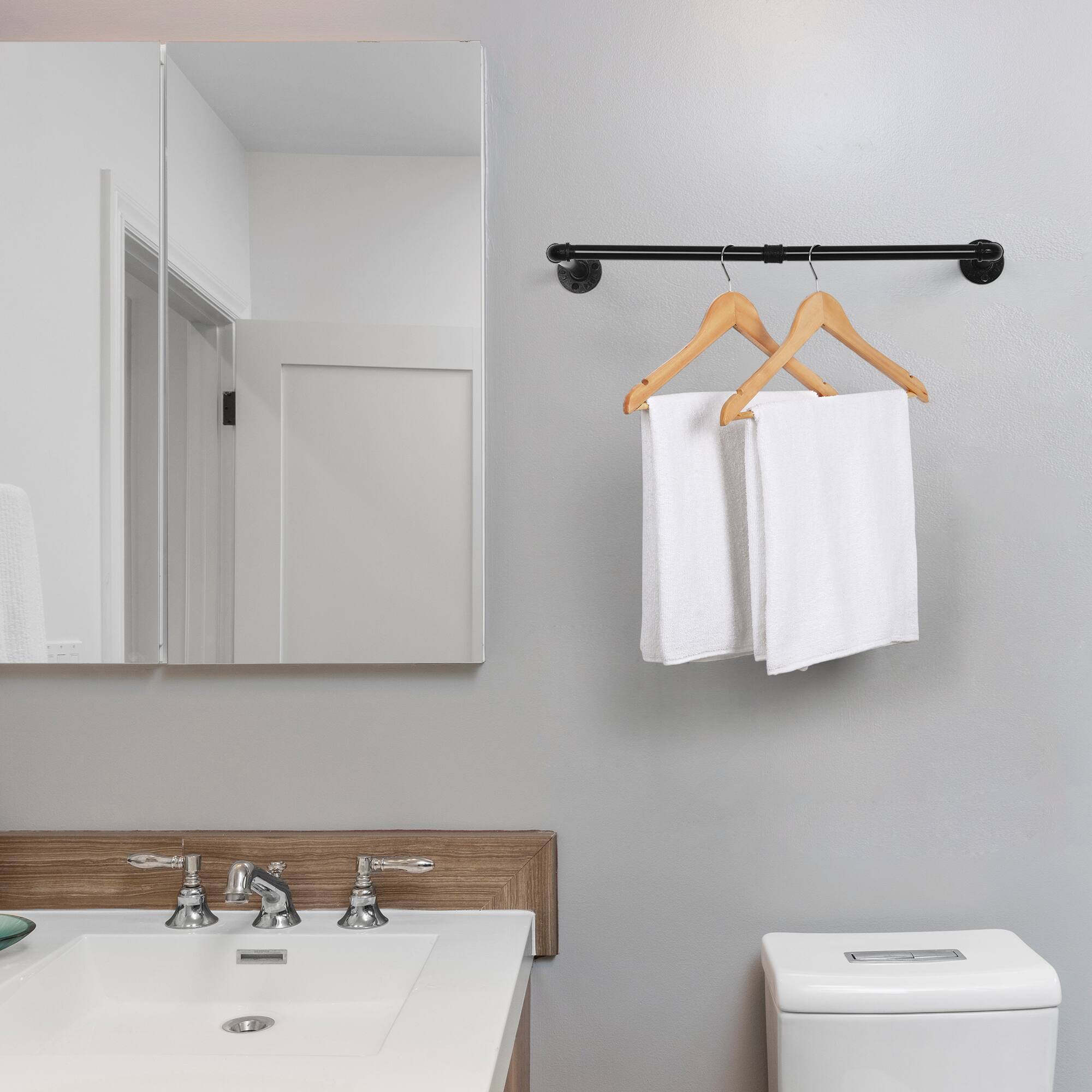 Alt View 2. Oumilen - Industrial L-Shaped Black Pipe Clothes Hanger, Wall Mount Metal Garment Rack for Entryway & Bedroom - Black.