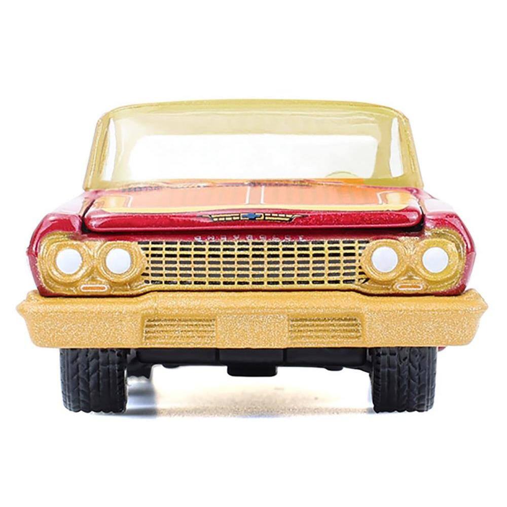 Left. Greenlight - 1963 Chevrolet Impala Lowrider Michael Heralda Special Edition Red Metallic Cream Top Gold Graphics Hobby Exclusive 1/64 - Red Metallic Cream Top Gold.