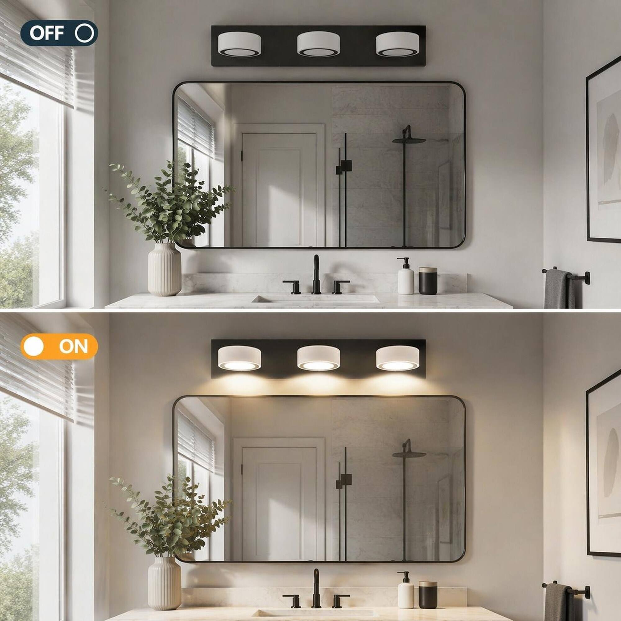 Alt View 1. RYHNUYNE - 21" LED Bathroom Vanity Light,3‑Light Modern Wall Lighting Fixture with Round Acrylic Shade for Bathroom Mirror - Black.