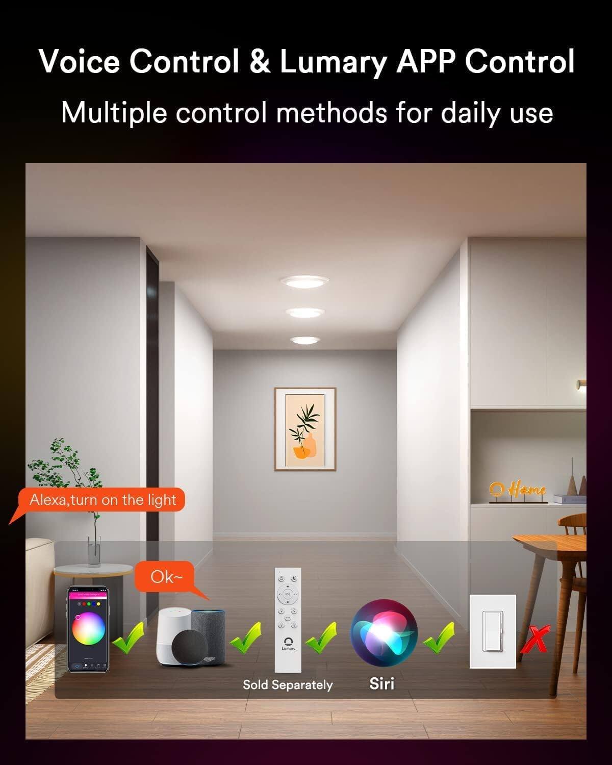 Voice Control & Lumary APP Control  
Multiple control methods for daily use  

Alexa, turn on the light  
Ok~  

Sold Separately  
Siri