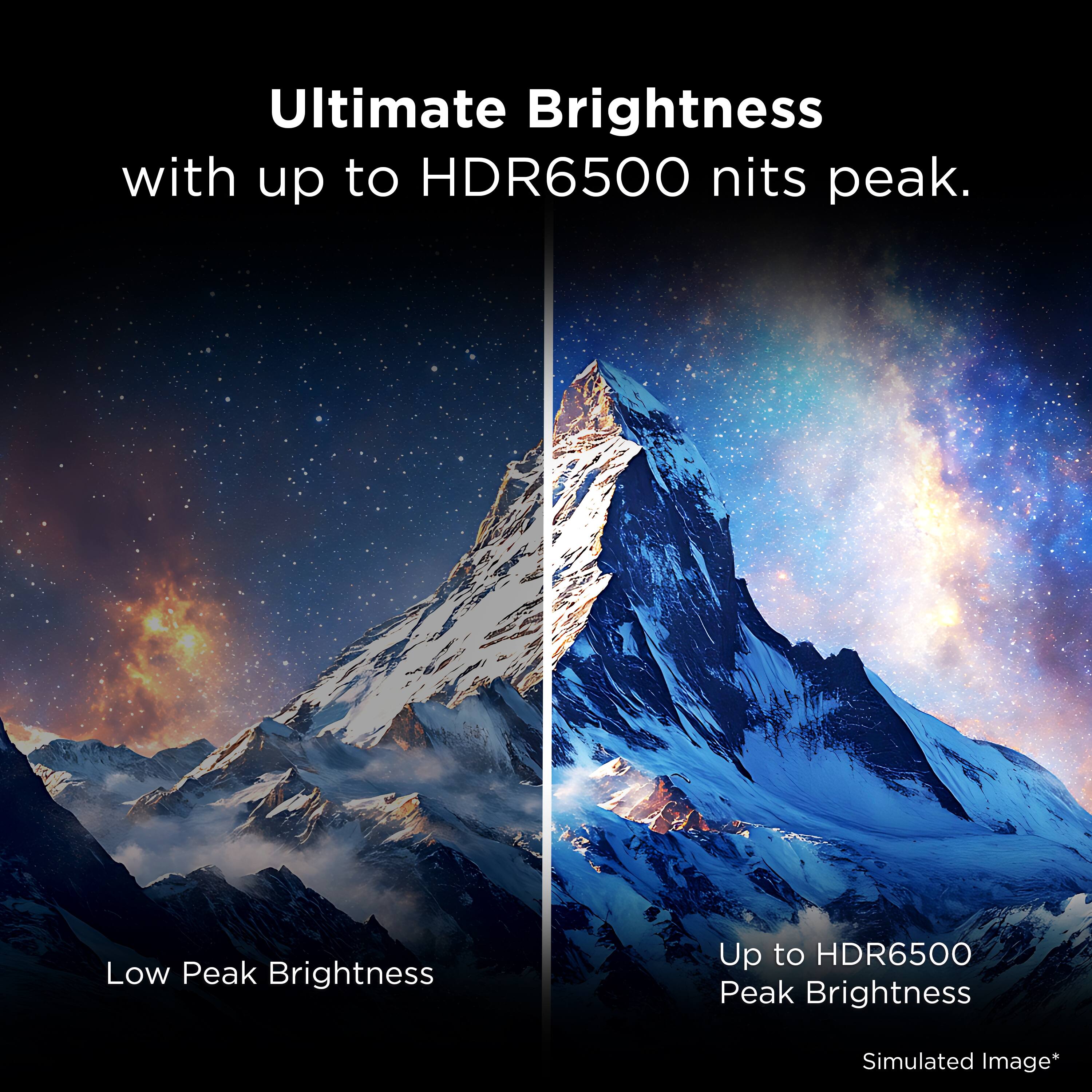 Ultimate Brightness with up to HDR6500 nits peak.

Low Peak Brightness

Up to HDR6500 Peak Brightness

Simulated Image*