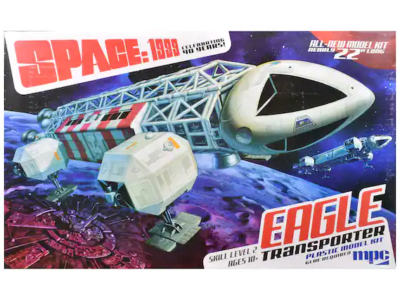 SPACE: 1999
CELEBRATING 40 YEARS!
ALL-NEW MODEL KIT
NEARLY 22" LONG
EAGLE TRANSPORTER
PLASTIC MODEL KIT
GLUE REQUIRED
SKILL LEVEL 2
AGES 10+
mpc