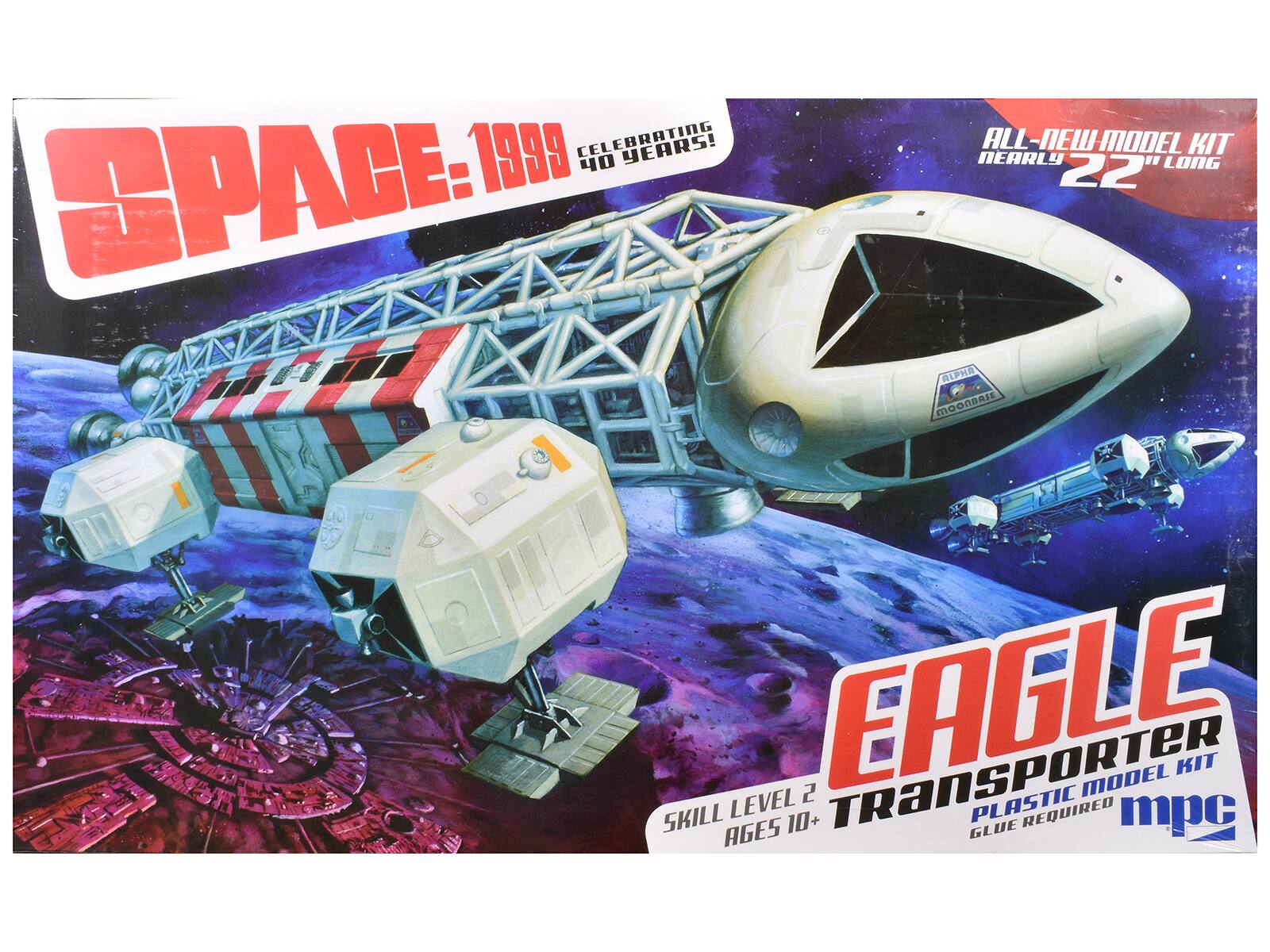 SPACE: 1999  
CELEBRATING 40 YEARS!  

ALL-NEW MODEL KIT  
NEARLY 22" LONG  

EAGLE TRANSPORTER  
PLASTIC MODEL KIT  
GLUE REQUIRED  

SKILL LEVEL 2  
AGES 10+  

mpc