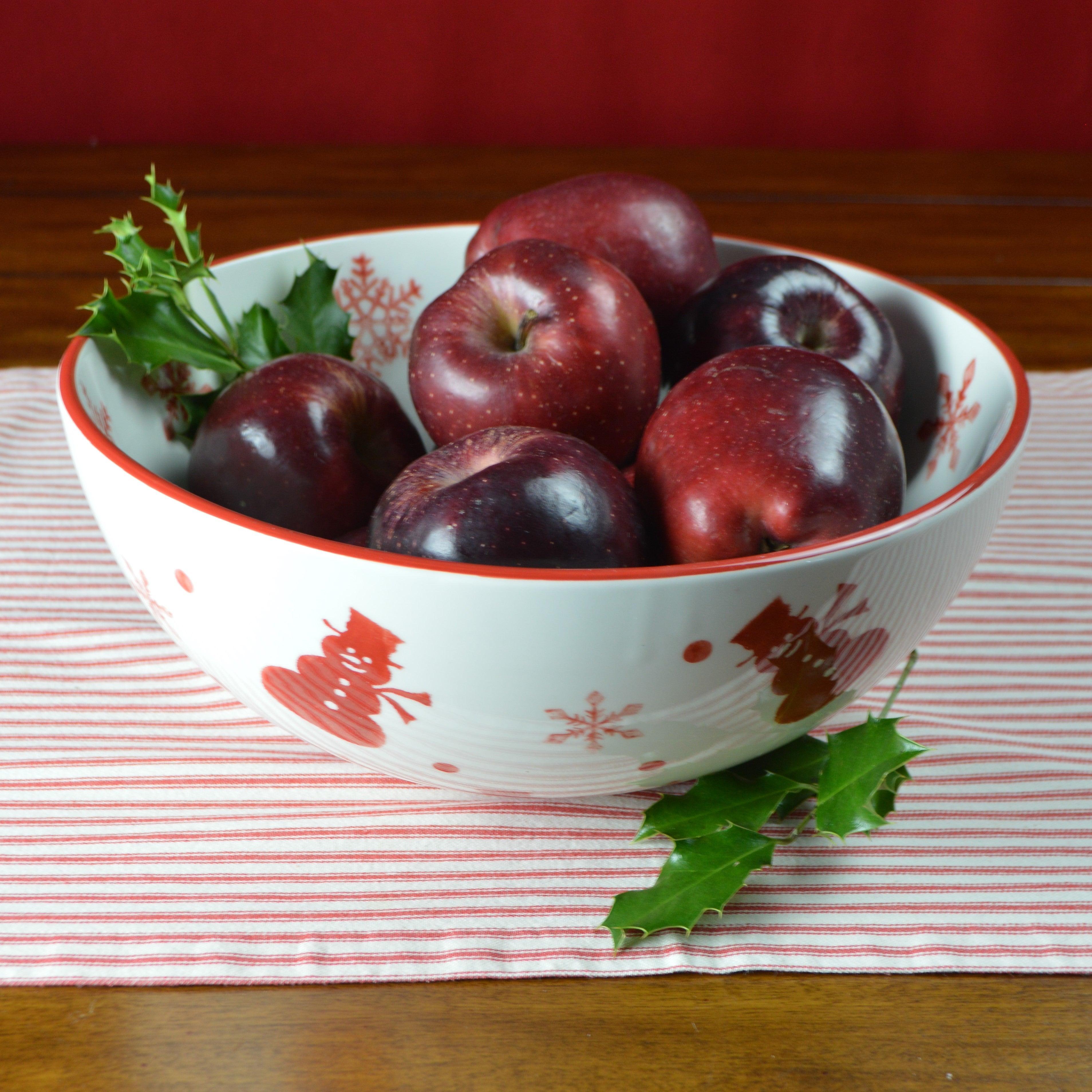 Angle. Euro Ceramica Home - Winterfest Round Serving Bowl - White and Red.