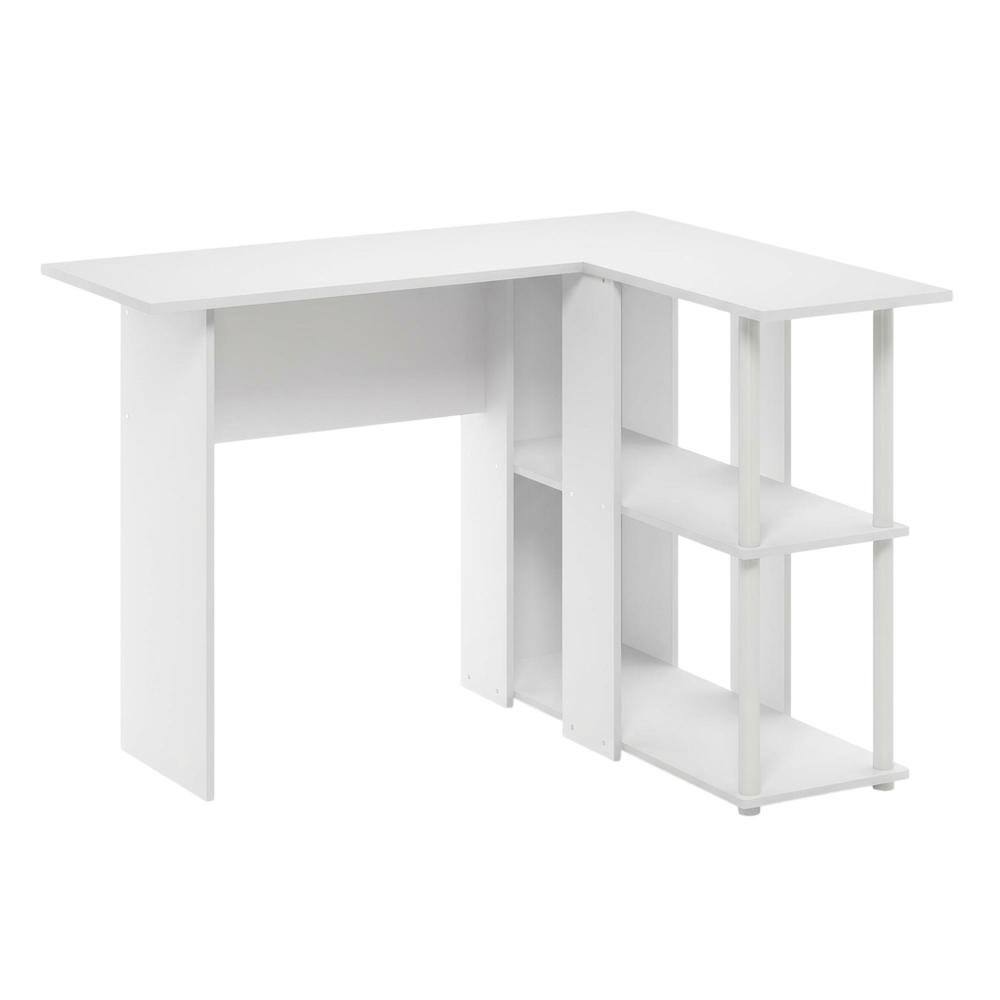 Front. BisonOffice - White L-Shape Desk with Bookshelf and Spacious Workspace - White.
