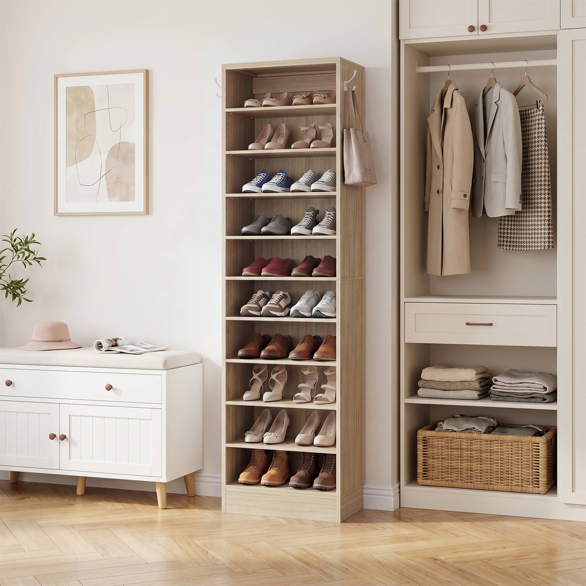Alt View 2. Aheaplus - 79.5'' Tall 10-Tier Freestanding Wooden Shoe Rack Tower with 2 Hooks - Beige Oak.