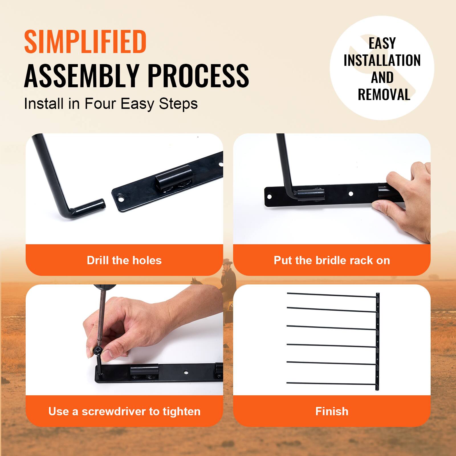 Simplified Assembly Process  
Install in Four Easy Steps

1. Drill the holes
2. Put the bridle rack on
3. Use a screwdriver to tighten
4. Finish

Easy Installation and Removal