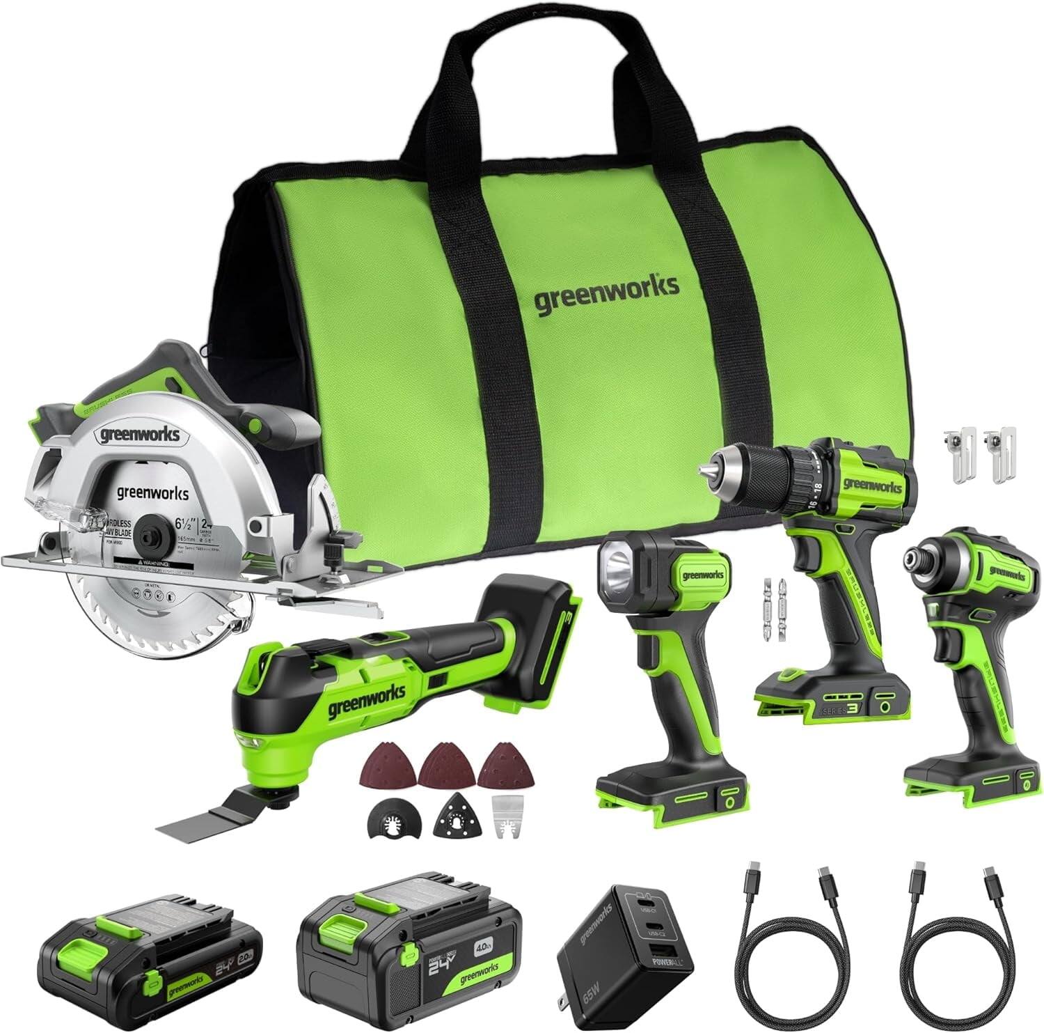 Greenworks - 24V 5pcs Combo, Drill/Driver+Impact Driver+Circular Saw+Oscillating Tool+Flashlight - Green price history on PriceWatchPro