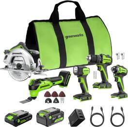 Greenworks - 24V 5pcs Combo, Drill/Driver+Impact Driver+Circular Saw+Oscillating Tool+Flashlight - Green