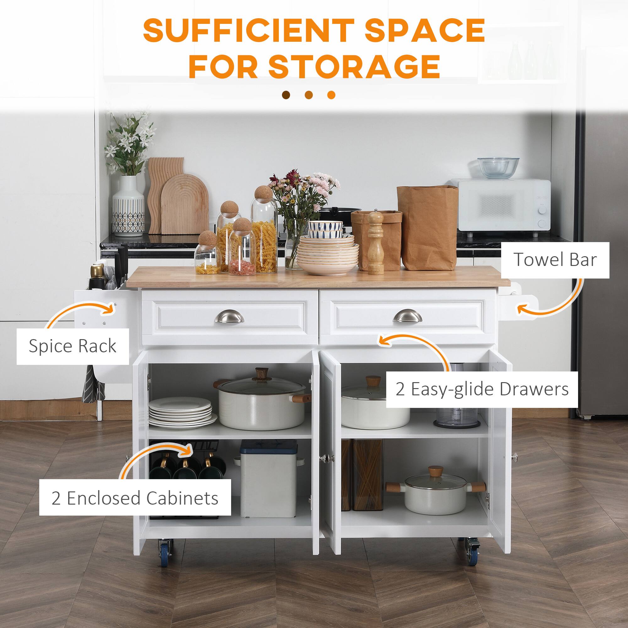 SUFFICIENT SPACE FOR STORAGE ... Towel Bar, Spice Rack, 2 Easy-glide Drawers, 2 Enclosed Cabinets