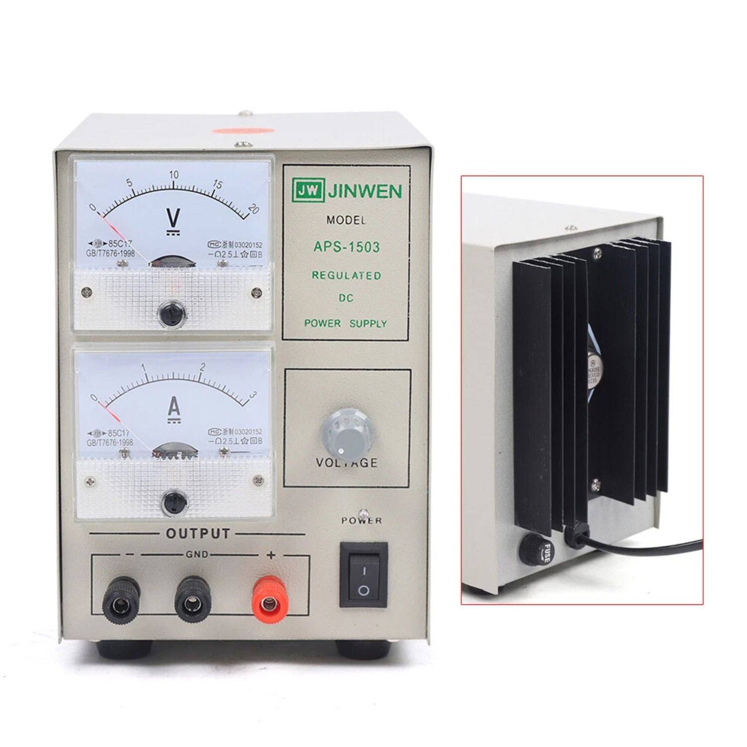 JW JINWEN  
MODEL APS-1503  
REGULATED DC POWER SUPPLY  

GB/T7676-1998  
85C17  

VOLTS  
0 5 10 15 20  

AMPS  
0 1 2 3  

OUTPUT  
GND +  

POWER  
VOLTAGE  

GB/T7676-1998  
85C17  

03020152  
02510B