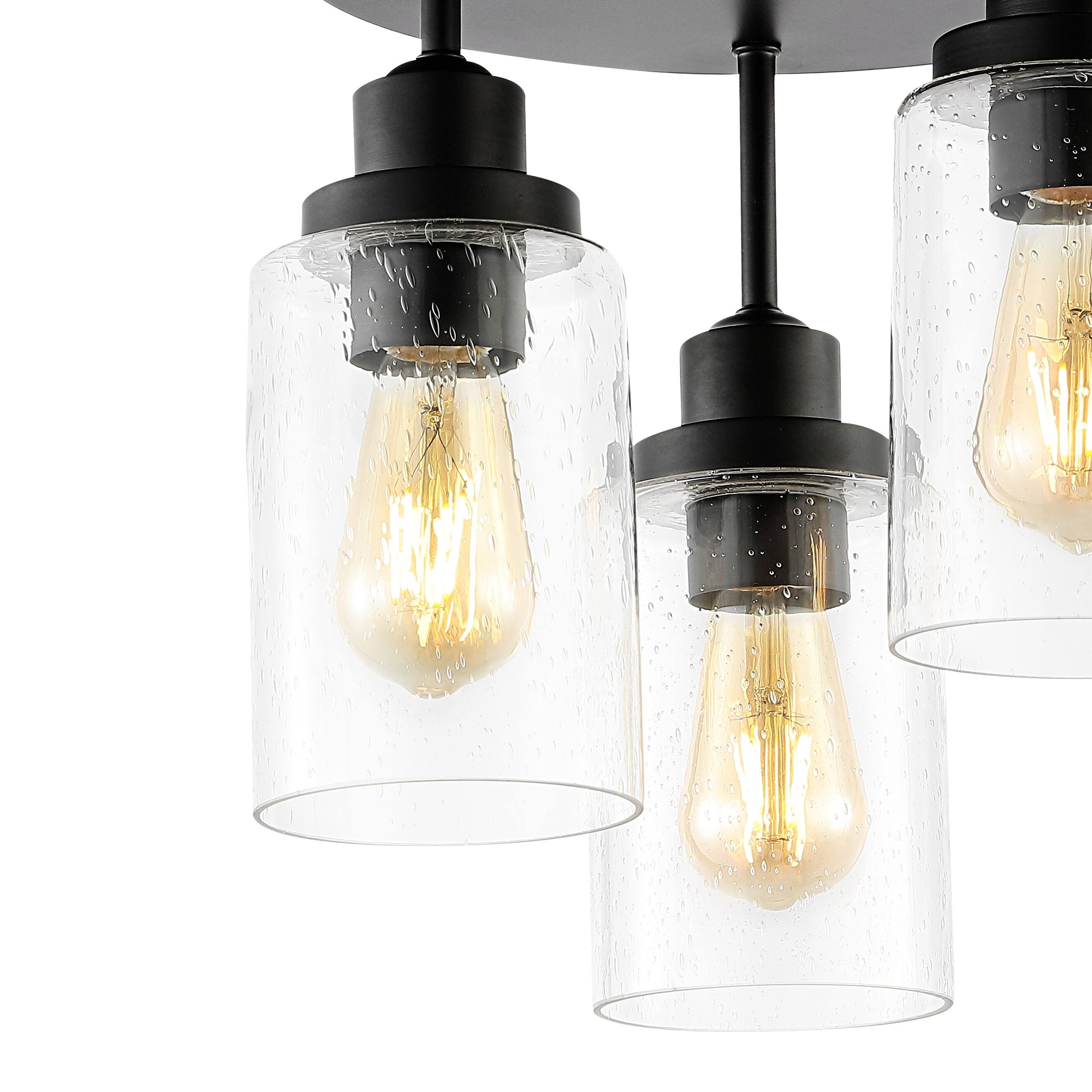 Alt View 3. Jonathan Y - Jonah 12" 3-Light Bohemian Farmhouse Iron/Seeded Glass LED Semi Flush Mount, Black/Clear - Black.