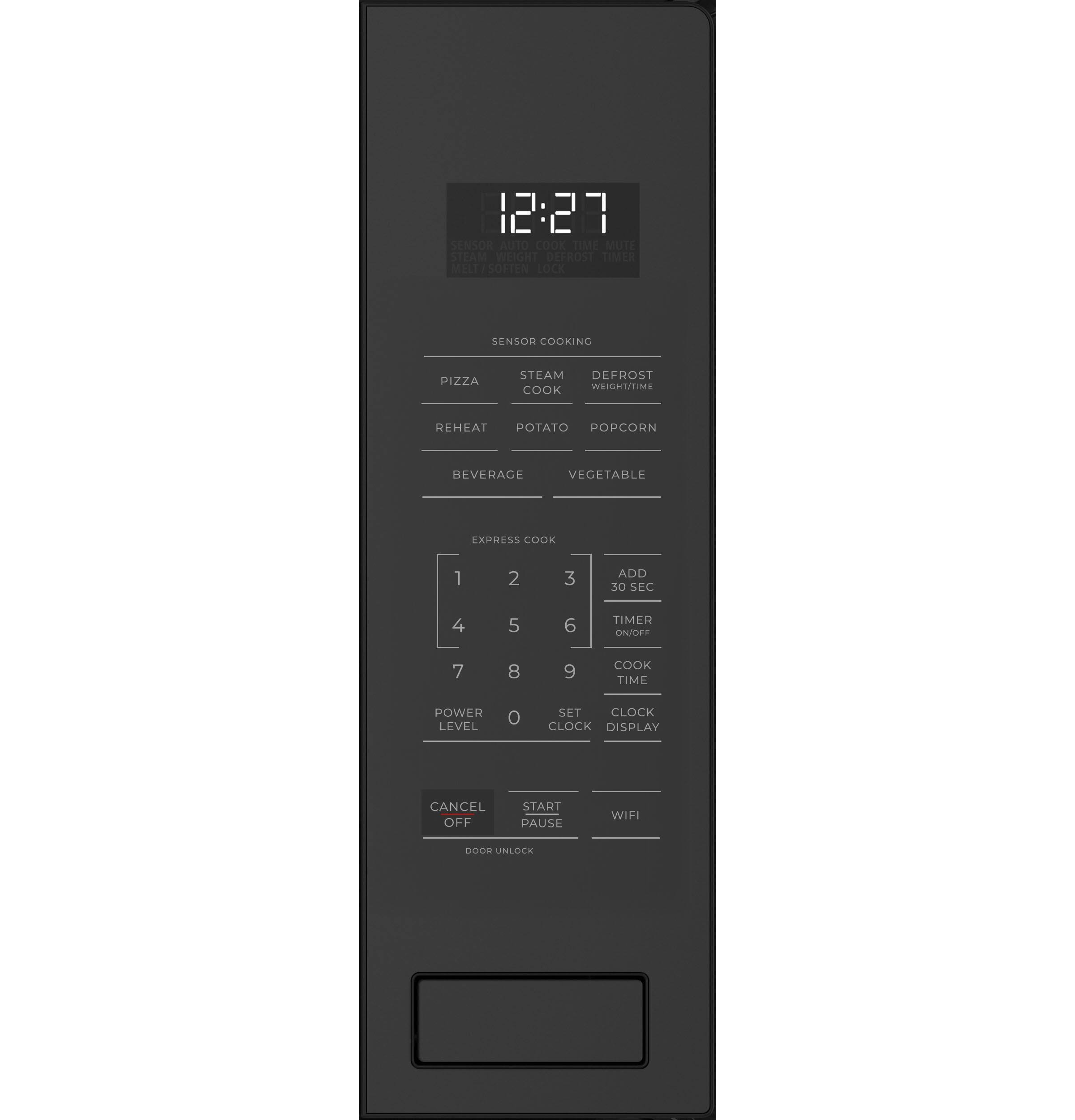 The text on the image reads:

12:27 o - C T MUT  Woh t TNE VATESOFIEN 10 SENSOR COOKING PIZZA STEAM DEFROST COOK WEICHTITIME REHEAT POTATO POPCORN BEVERAGE VEGETABLE EXPRESS COOK 1 2 3 ADD 30 SEC 4 5 6 TIMER ON/OFF 7 8 9 COOK TIME POWER LEVEL o SET CLOCK CLOCK DISPLAY CANCEL OFF START PAUSE WIFI D00D UNLOCK

The text has been grouped and corrected as follows:

12:27 o - C T MUT  Woh t TNE VATESOFIEN 10 SENSOR COOKING PIZZA STEAM DEFROST COOK WEICHTITIME REHEAT POTATO POPCORN BEVERAGE VEGETABLE EXPRESS COOK 1 2 3 ADD 30 SEC 4 5 6 TIMER ON/OFF 7 8 9 COOK TIME POWER LEVEL o SET CLOCK CLOCK DISPLAY CANCEL OFF START PAUSE WIFI D00D UNLOCK