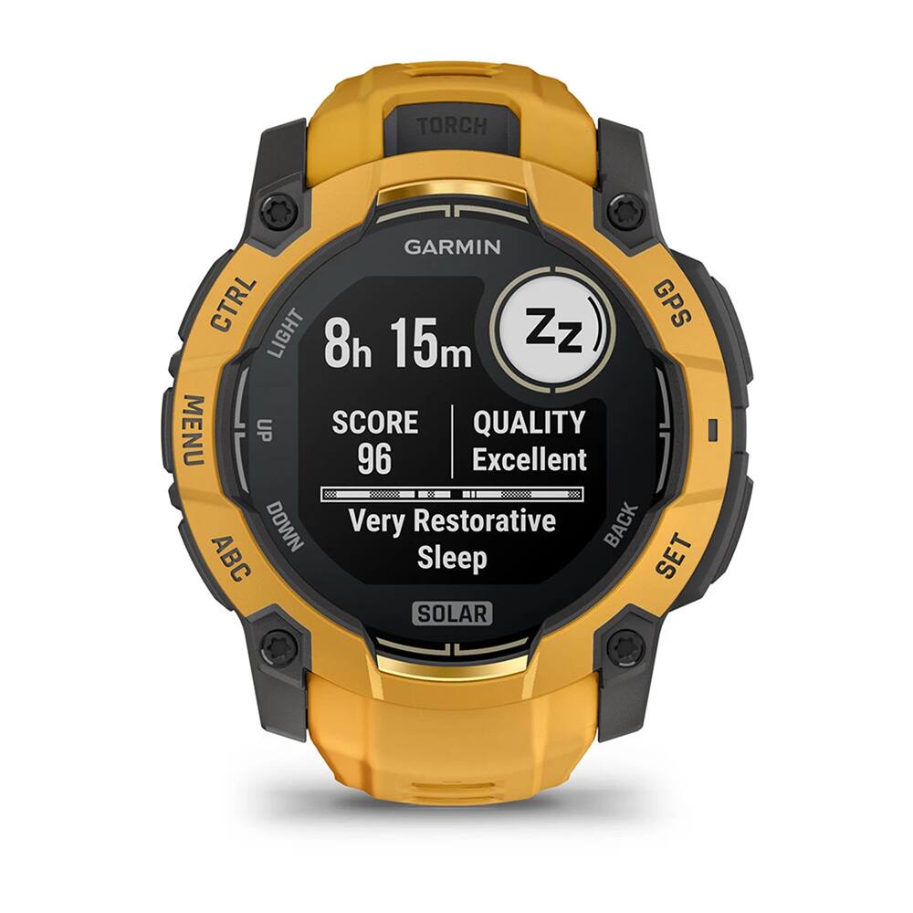 TORCH GARMIN CTRL LIGHT Zz GPS 8h 15m MENU UP SCORE QUALITY 96 Excellent DOWN Very Restorative BACK ABC Sleep SET SOLAR