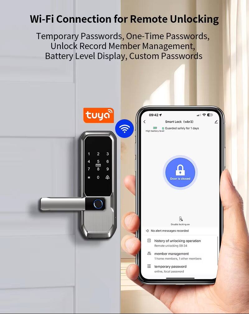 Wi-Fi Connection for Remote Unlocking  
Temporary Passwords, One-Time Passwords, Unlock Record, Member Management, Battery Level Display, Custom Passwords  

tuya  

Smart Lock (wbr3)  
Guarded safely for 1 day  
High battery level  

Door is closed  
Double locking on  
No alert messages recorded  

History of unlocking operation  
Remote unlocking 09:34  

Member management  
1 home members, 1 other members  

Temporary password  
online, local password