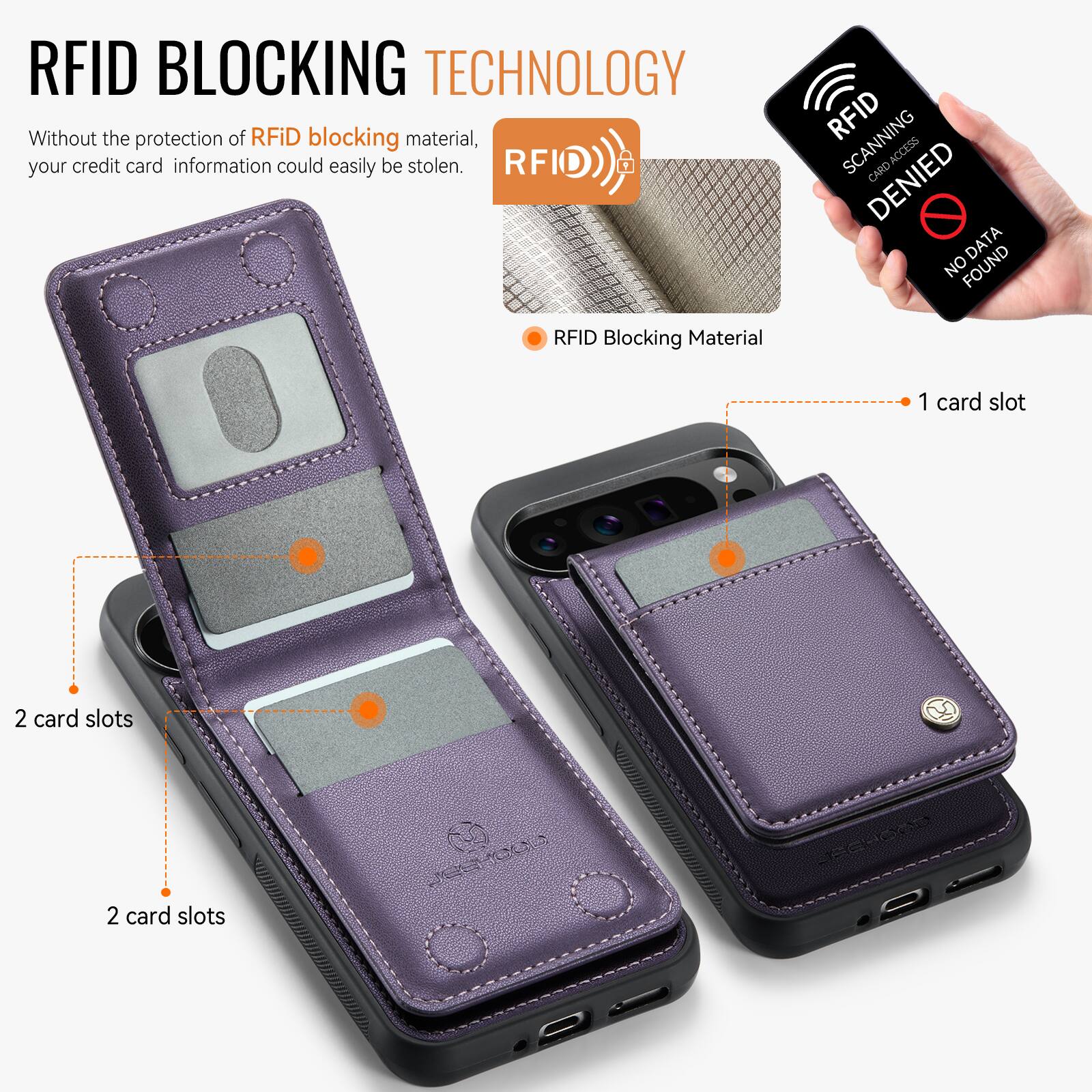 RFID BLOCKING TECHNOLOGY

Without the protection of RFID blocking material, your credit card information could easily be stolen.

RFID Blocking Material

1 card slot

2 card slots

2 card slots