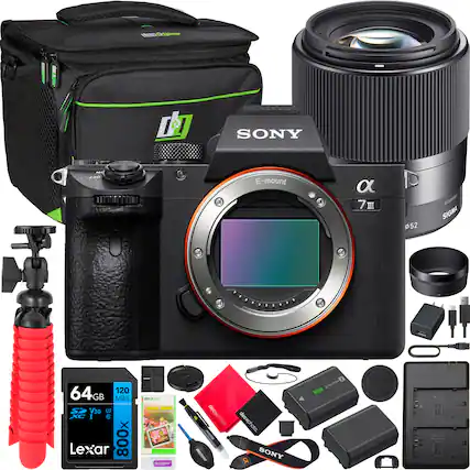 - Sony E-mount α7 III
- Sigma 52mm lens
- 64GB Lexar 800x SDXC UHS-II card
- 120 MB/s
- Screen guard
- Decoshot cleaning kit
- Camera bag
- Tripod
- Camera strap
- Battery
- Charger
- USB cable
- Lens hood
- Lens cap
- Memory card reader
- Cleaning cloth