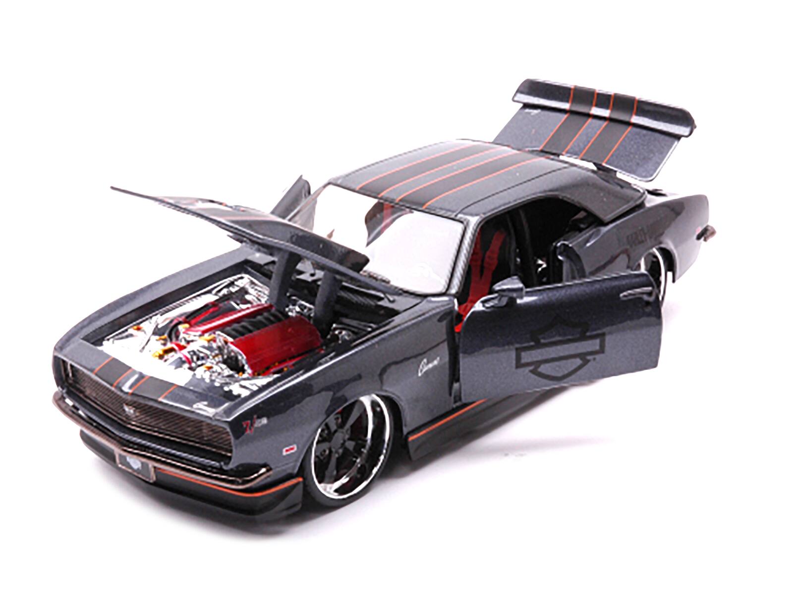 Angle. Maisto - 1968 Chevrolet Camaro Z/28 Dark Gray Metallic with Black and Orange Stripes "Harley Davidson" "H-D Custom" 1/24 - Dark Gray Metallic, Black And Orange.