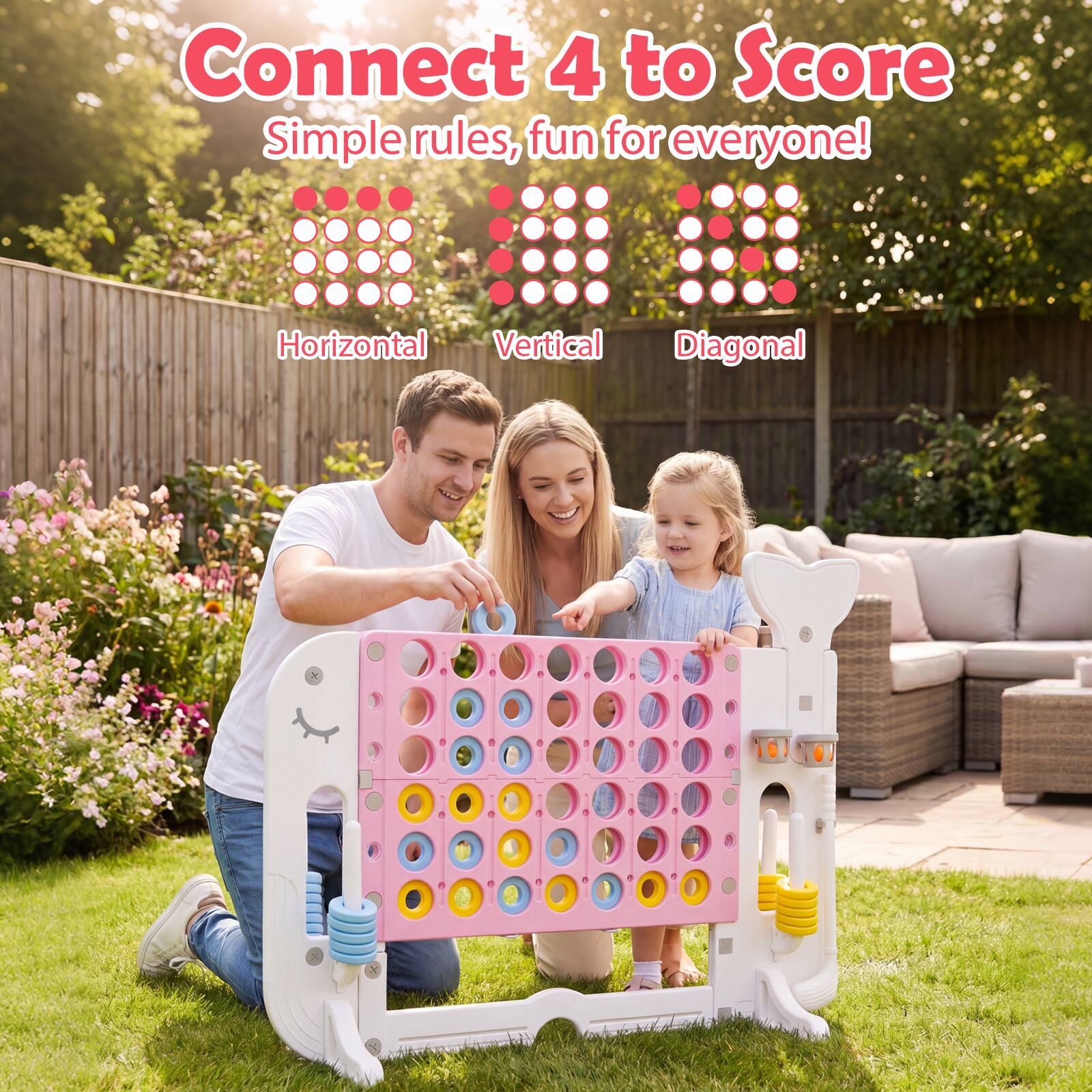 Connect 4 to Score  
Simple rules, fun for everyone!  

Horizontal  
Vertical  
Diagonal