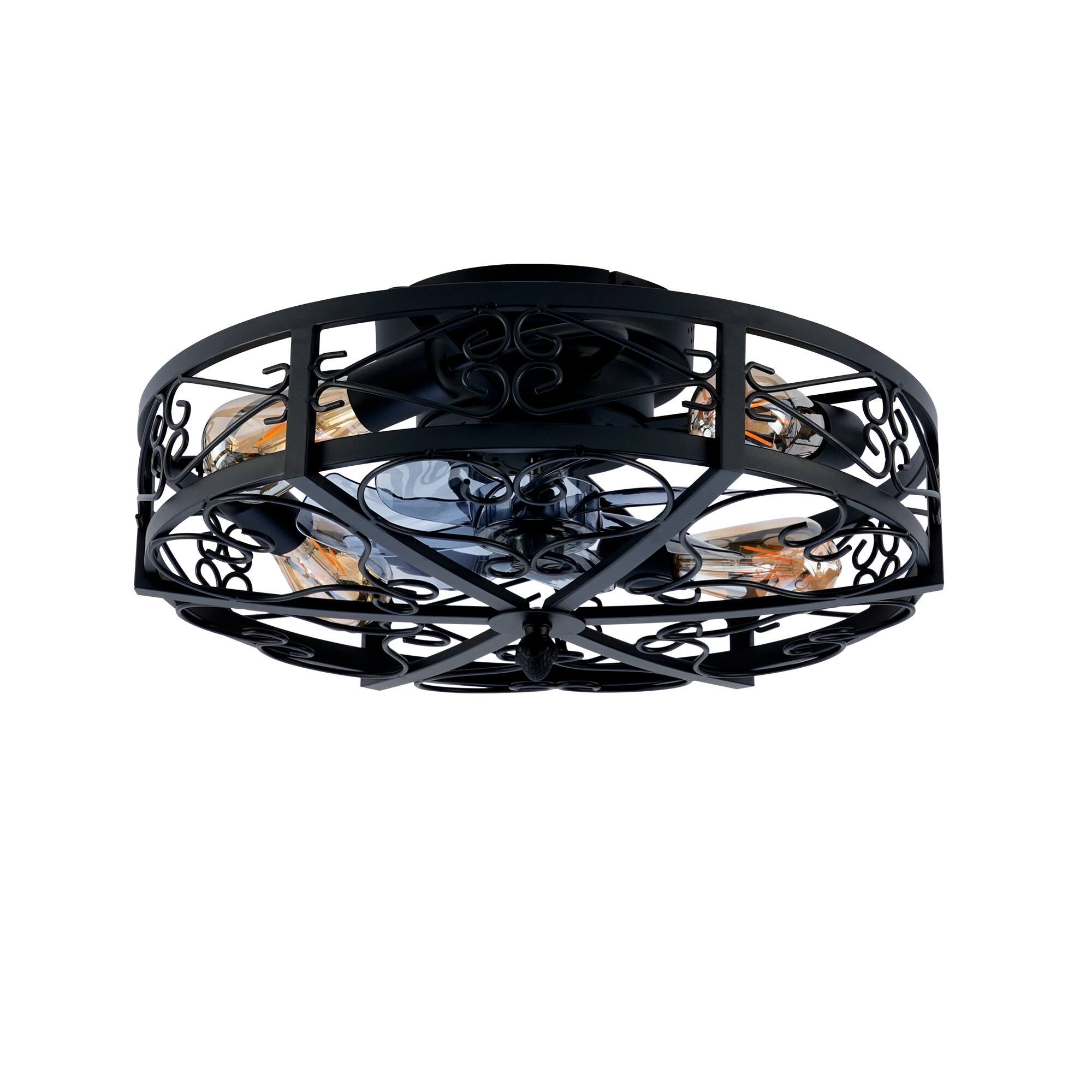 Alt View 7. Sofucor - 20'' Rustic Caged Flush Mount Ceiling Fan w/Lights & Remote Vintage Bladeless Ceiling Fan Reversible Farmhouse Bedroom - Black.
