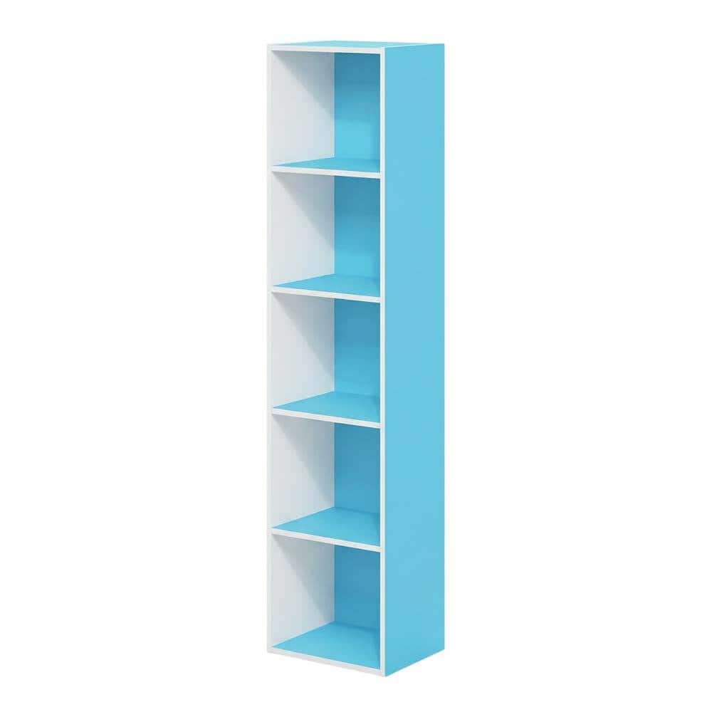 FurniFact - Light Blue Wood 5-Tier Open Bookcase with Spacious Shelves for Storage - Light Blue/White