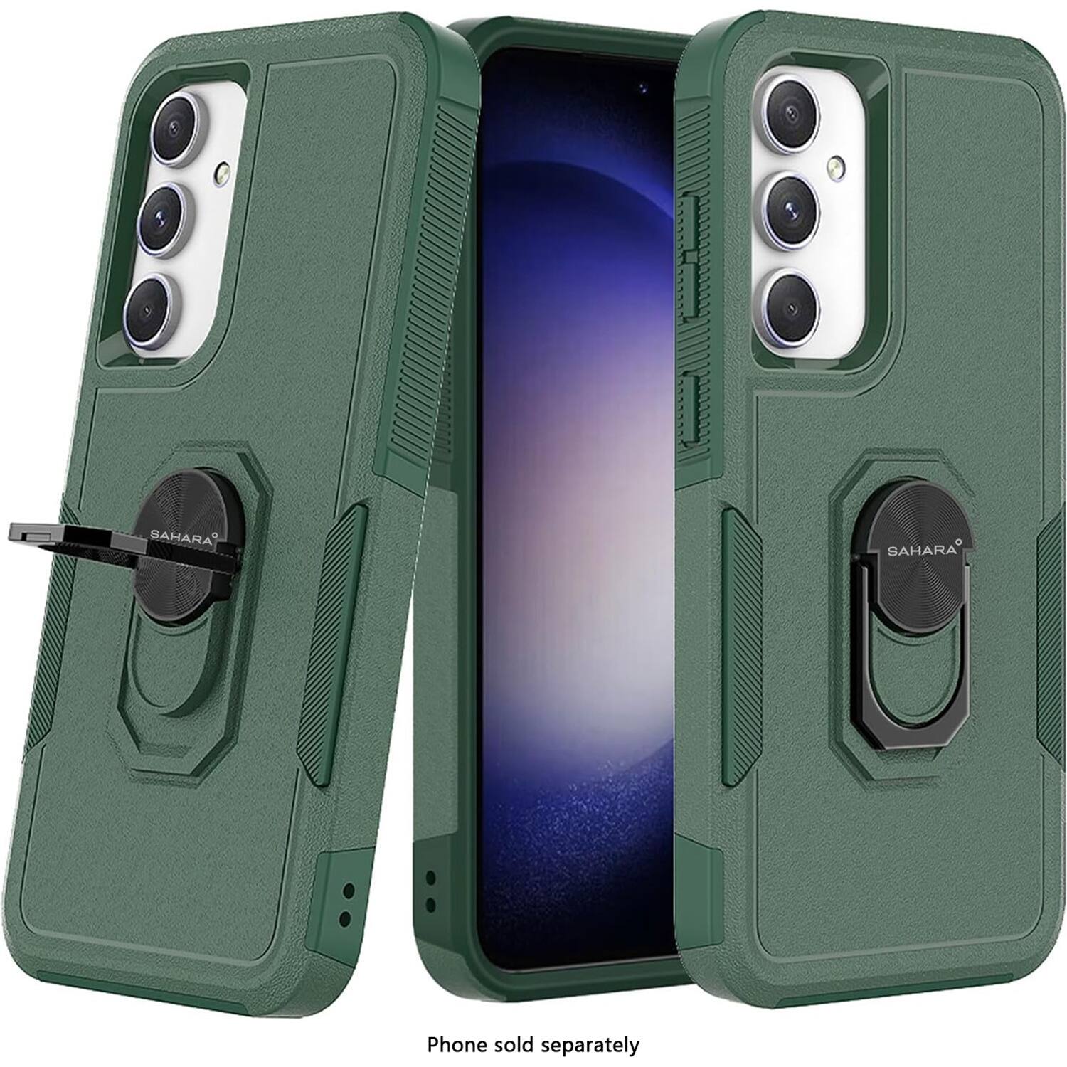 The image shows a green case for a cell phone, with the phone inside the case. The case is made by the brand Bahara and is designed to protect the phone. The phone is not included in the case and must be purchased separately.