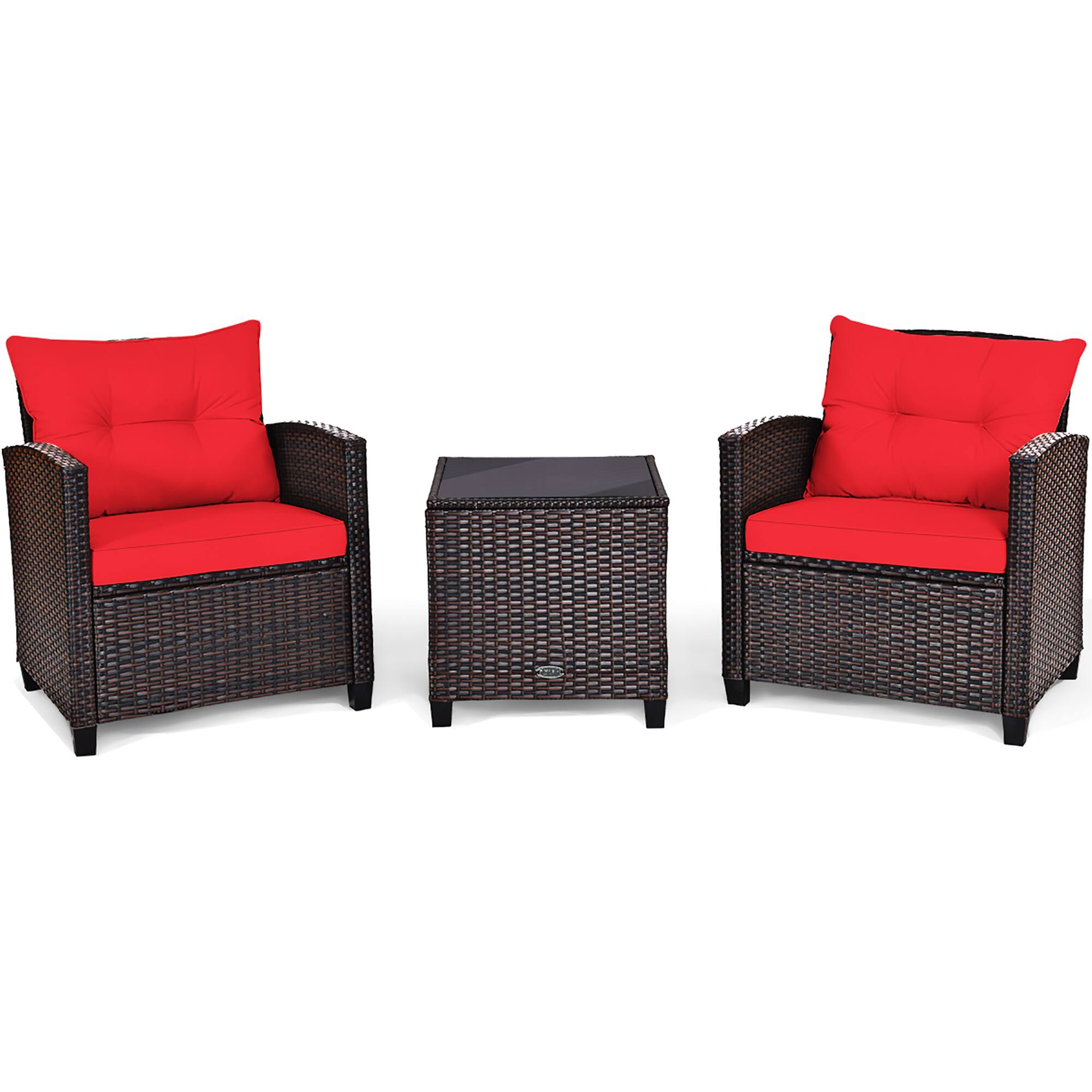 Angle. Costway - 3PCS Patio Rattan Furniture Set Cushion Conversation Set Sofa Coffee Table - Red.