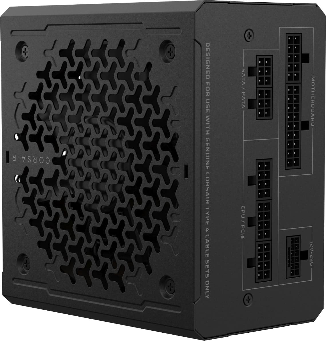 The image features a black box with a design that is specifically made for use with genuine Corsair Type 4 cable sets. The box is designed for SATA and PATA CPU and PCIe motherboard connections, and it supports 12V-2x6.