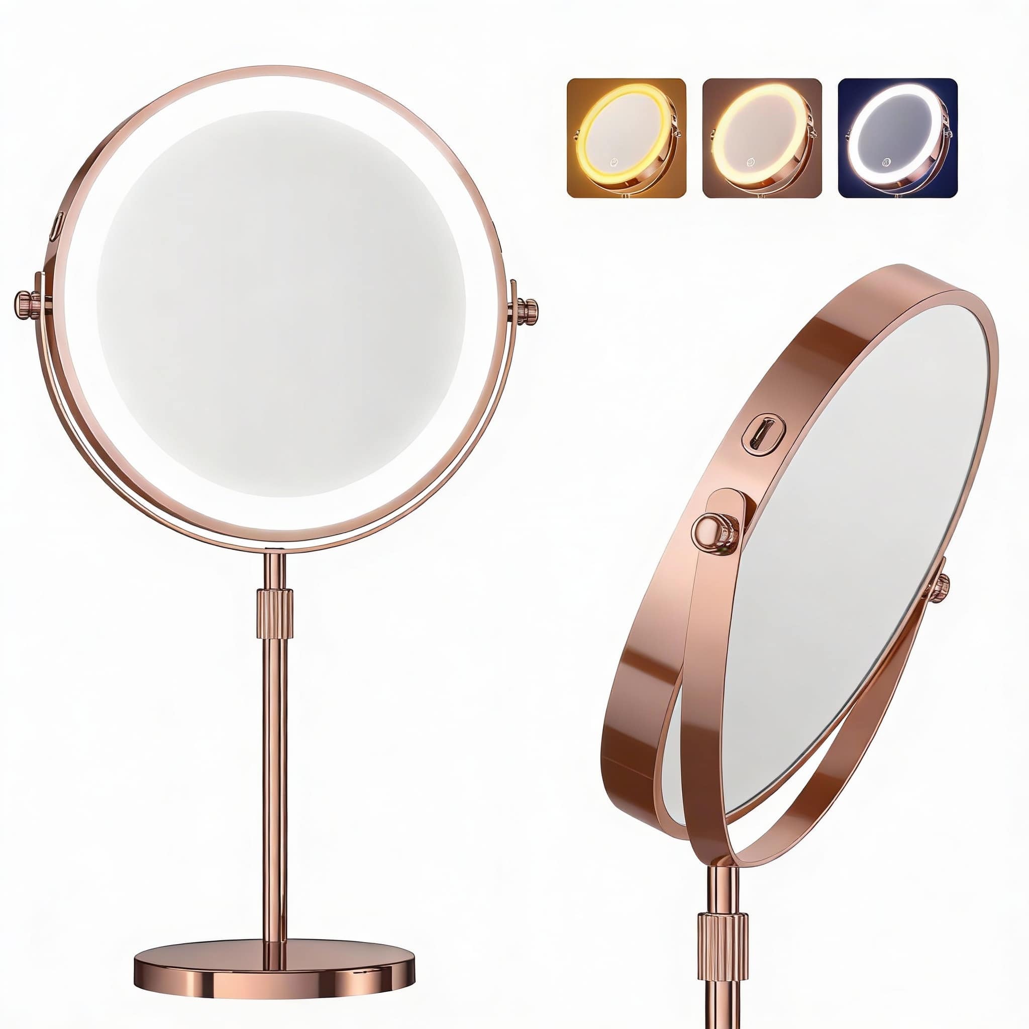 PO3TICJUNKI3 - Makeup Mirror With Lights 1x Rotation Vanity Brightness Adjustable Lighted Magnification Rechargeable Dou - Rose Gold