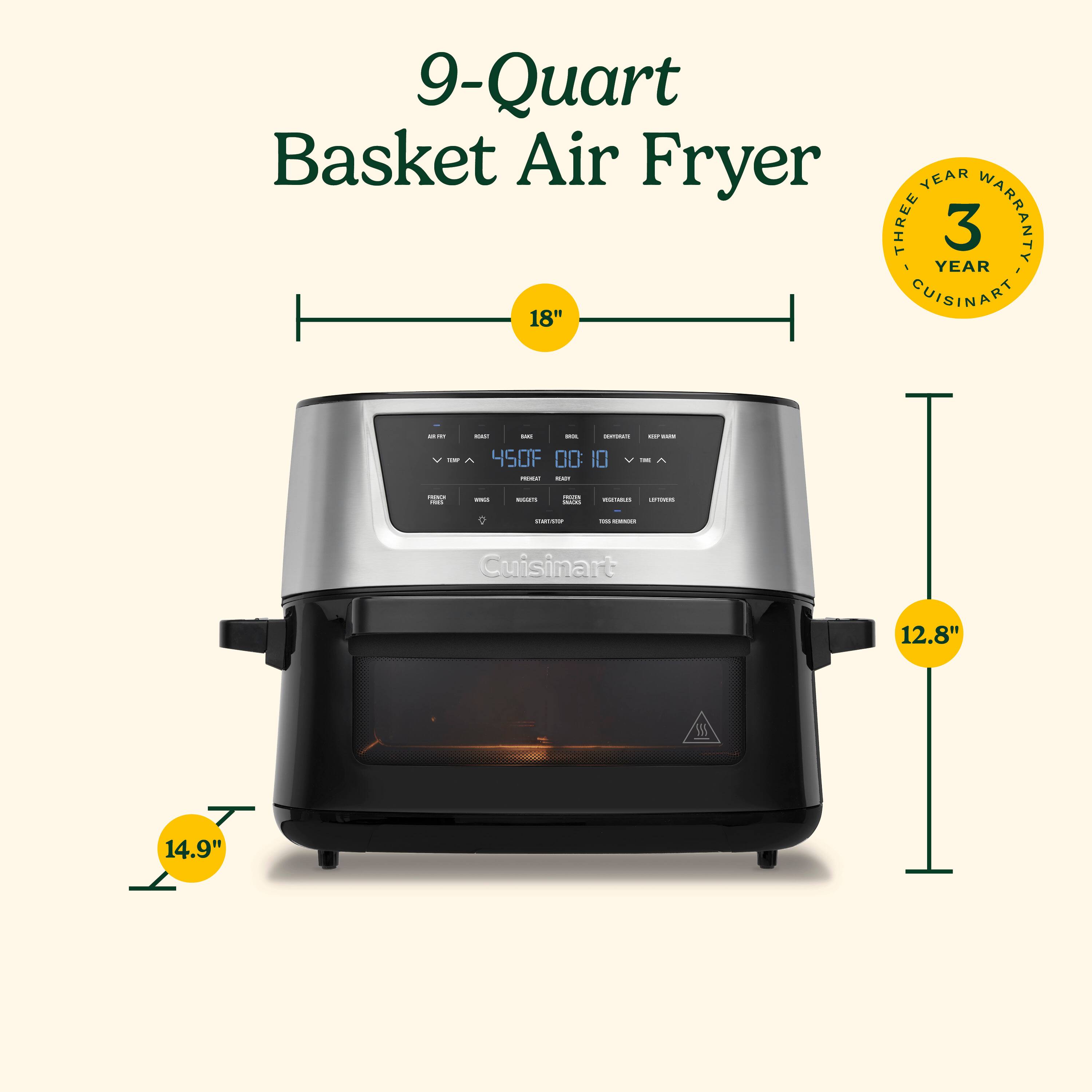 The image features a 9-Quart Basket Air Fryer by Cuisinart. The product is a 3-year warranty and has a digital display. The dimensions of the air fryer are 18" in height and 14.9" in width. The basket size is 12.8" and the fryer is made of stainless steel.
