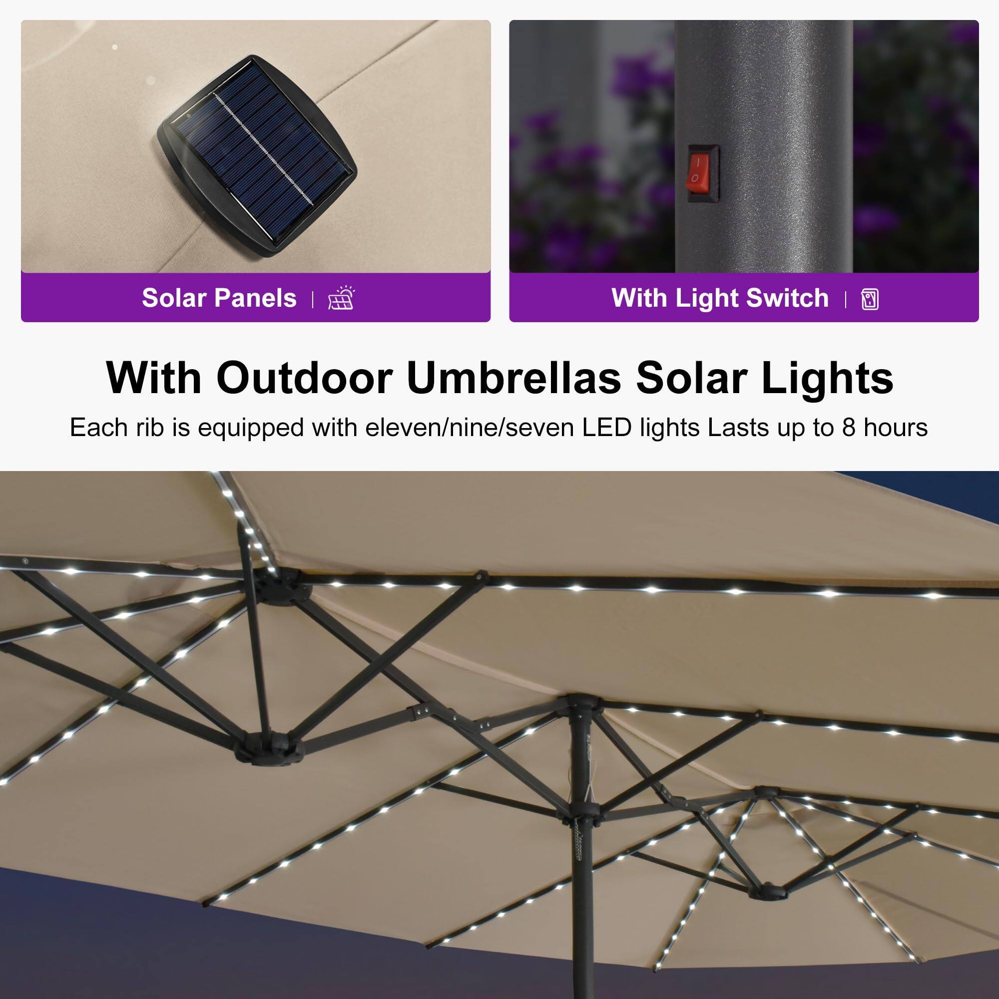 Solar Panels | With Light Switch | With Outdoor Umbrellas Solar Lights

Each rib is equipped with eleven/nine/seven LED lights Lasts up to 8 hours