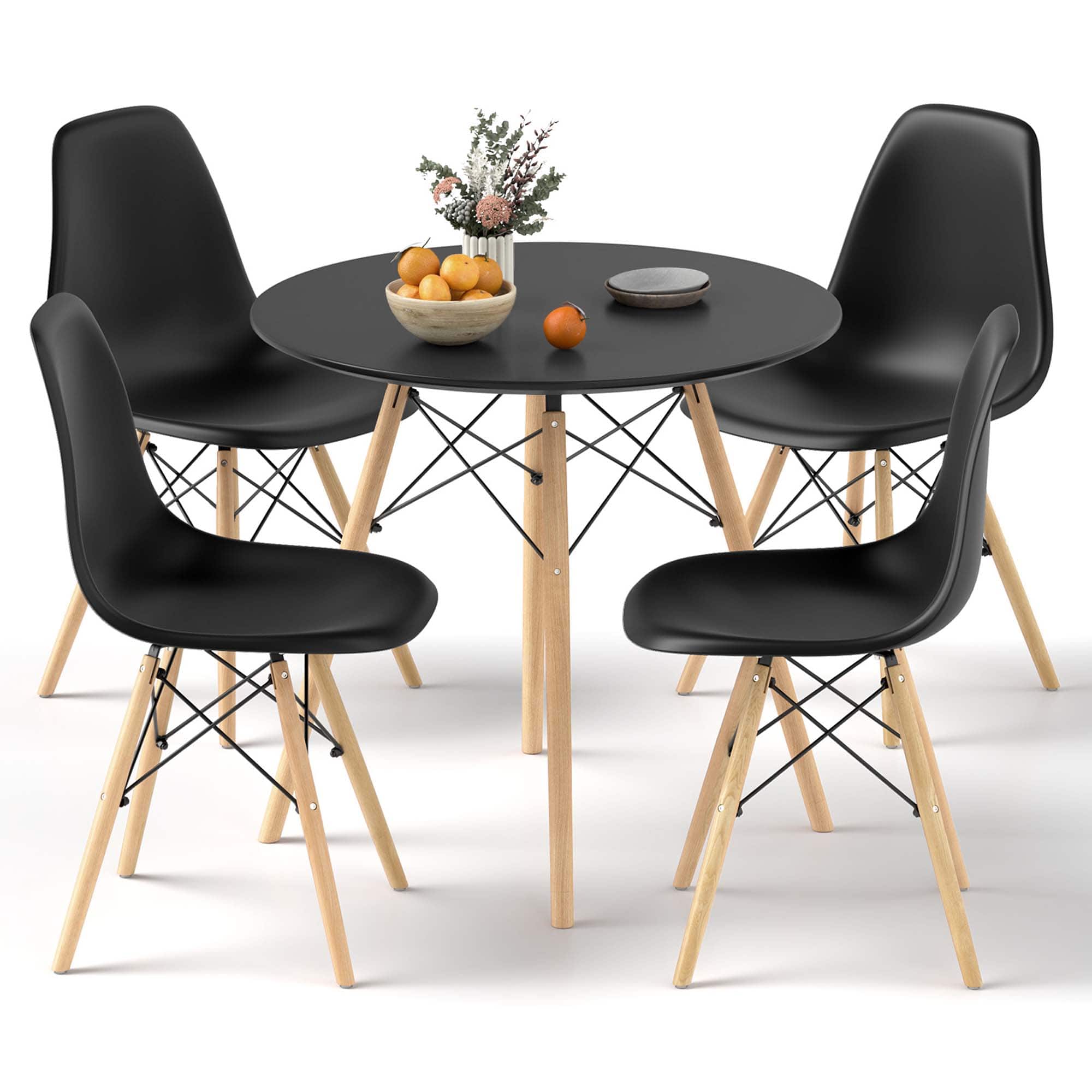 Front. Costway - Costway Dining Table Set Modern 5 PCS For 4 Round Dining Room Table Set with Solid Wood Le - Black.