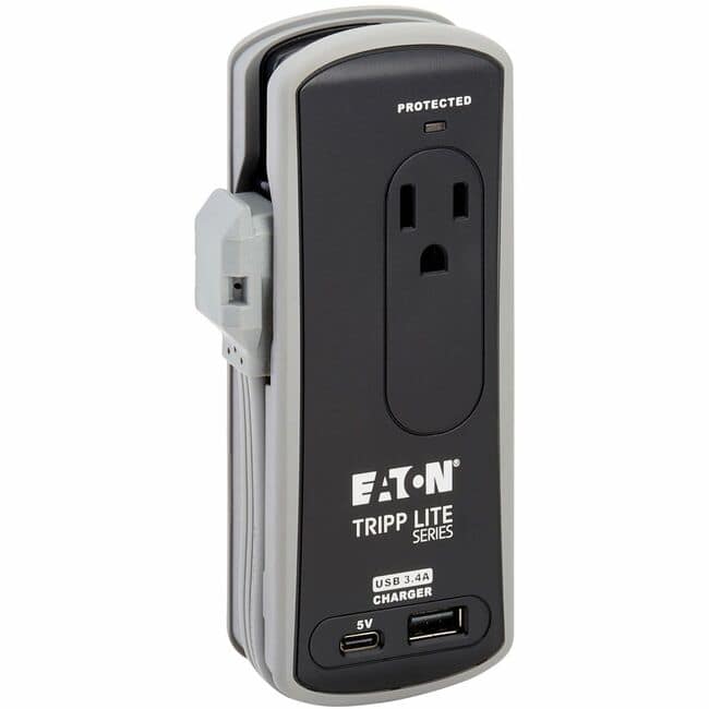 Eaton Tripp Lite Series Protect It! 2-Outlet Travel-Size Surge Protector - 5-15R Outlets, USB-C and USB-A Ports, 5-15P - Black,Gray