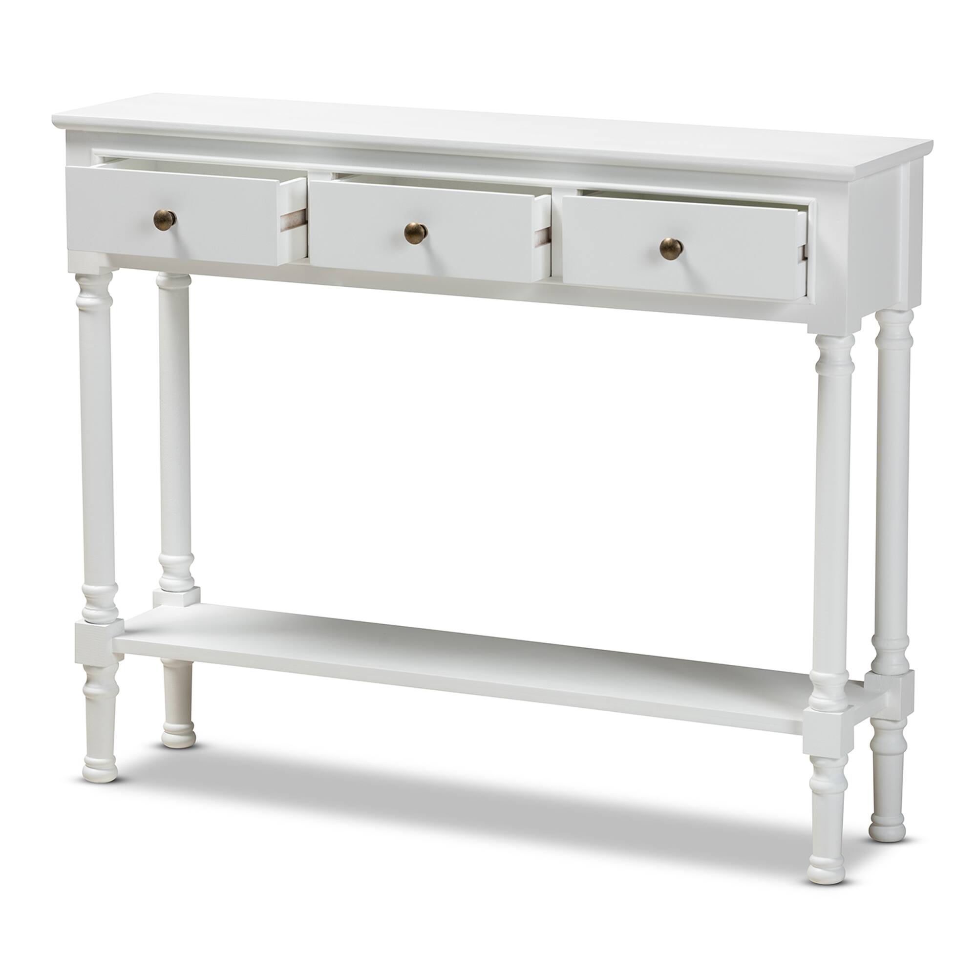 Angle. Baxton Studio - Calvin Classic and Traditional French Farmhouse White Finished Wood 3-Drawer Entryway Console Table - White.