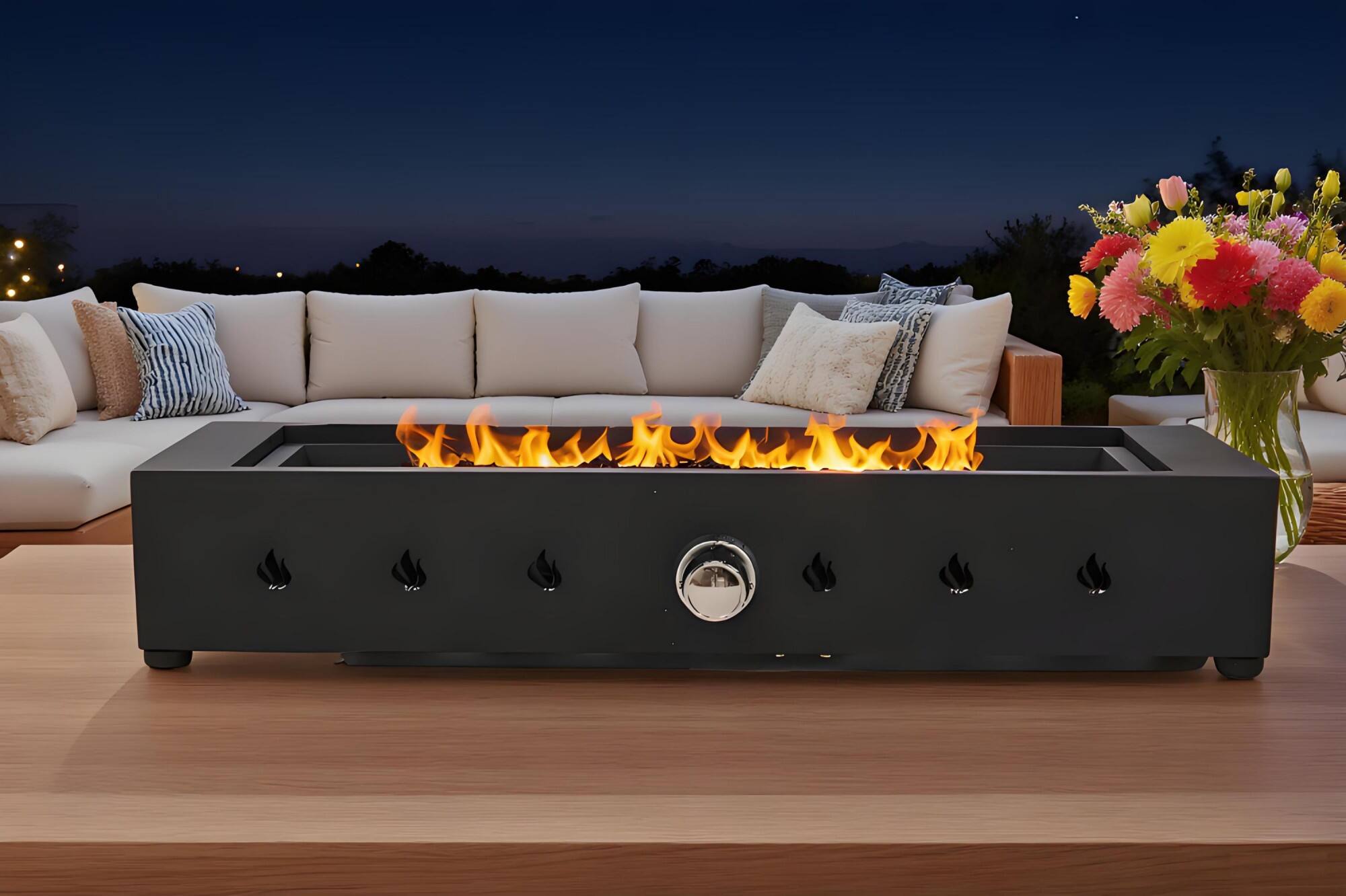 Alt View 5. Glintex - 28-Inch 40,000 BTU Rectangular Propane Fire Pit with Glass Wind Guard and Adjustable Hose Connection - Black.