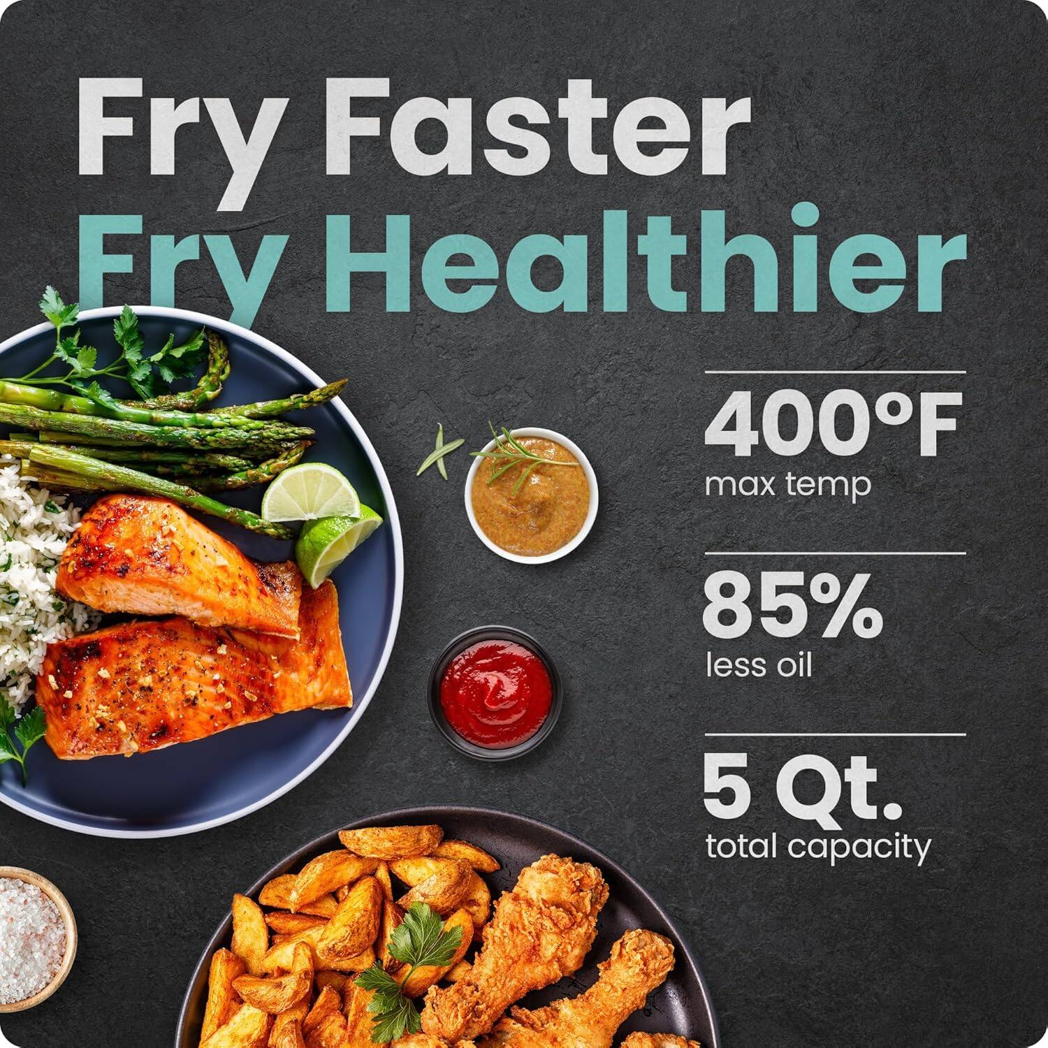 Fry Faster  
Fry Healthier  

400°F max temp  
85% less oil  
5 Qt. total capacity
